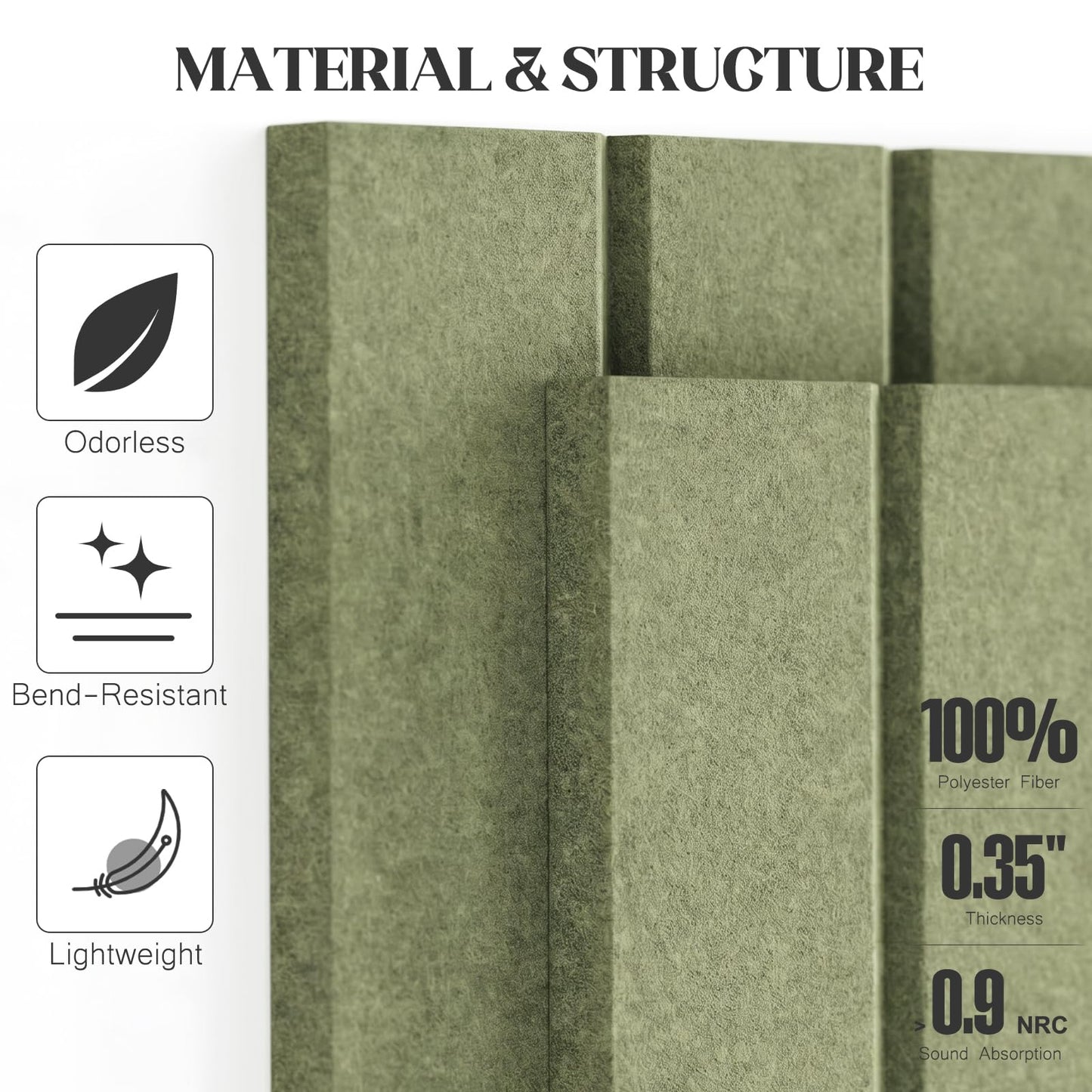 59 x 36 Felt Bulletin Board Tiles - 15 Pack 150g High-Density Sound Absorbing Panels, Slat Wall Cork Board Alternative for Office & Home, Includes 30 Pushpins & 75 Adhesive Tabs, Sage Green