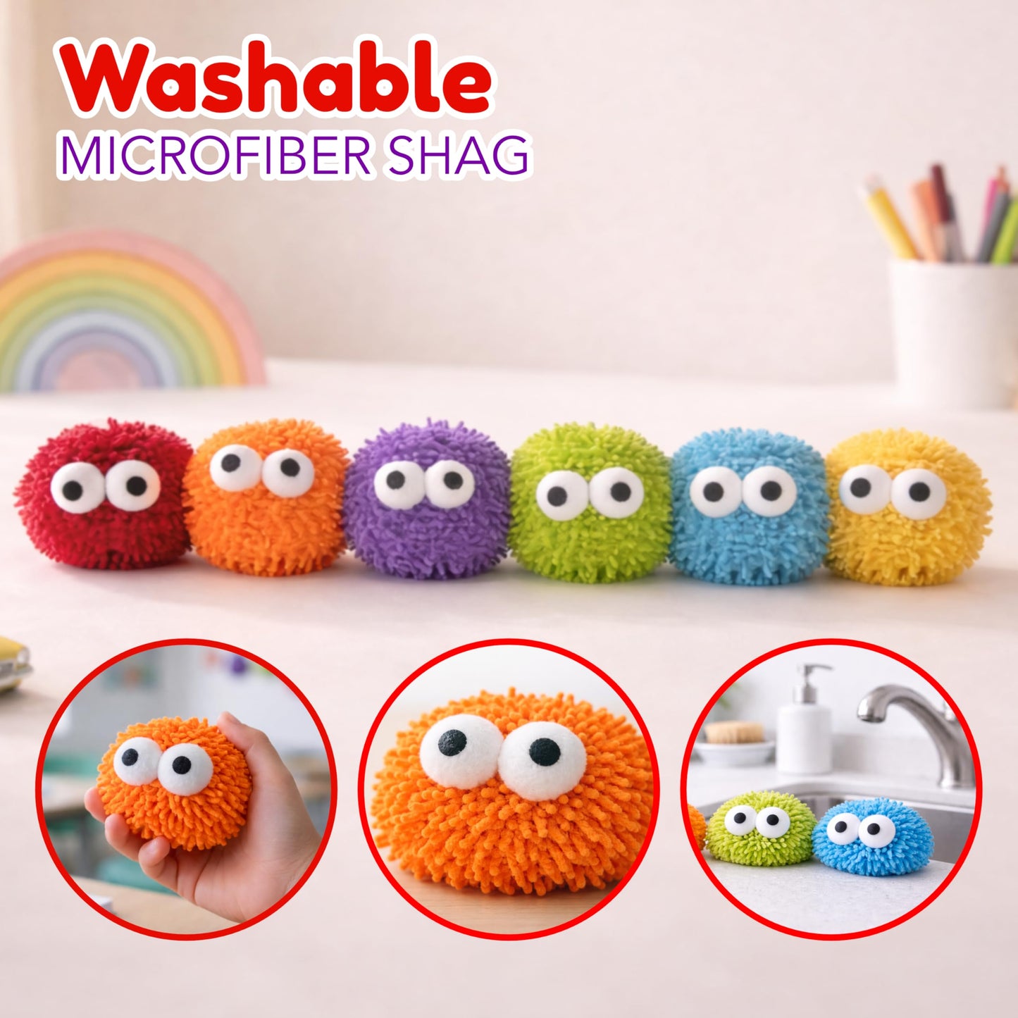 4E's Novelty 12 Pack Googly Eye Dry Erase Board Erasers Bulk - Microfiber Shag Washable Multicolor Whiteboard Erasers for Teachers Kids, Back to School Classroom Supplies School Essential