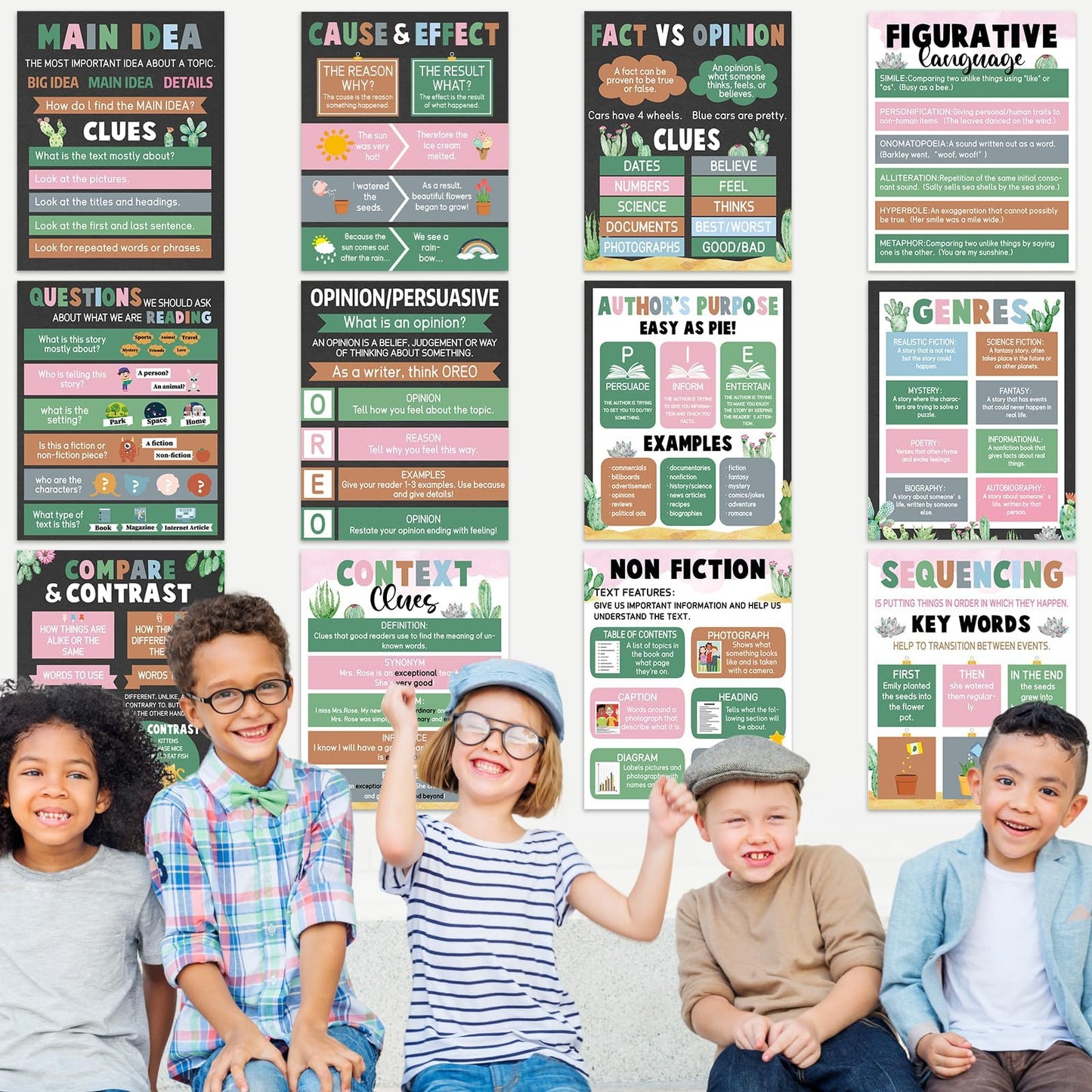 QOUBAI 12pcs Reading Comprehension Classroom Posters Cactus English Language Arts Bulletin Board Chart Decor Reading Corner Poster for Elementary Middle High School Wall Decor Classroom Must Haves