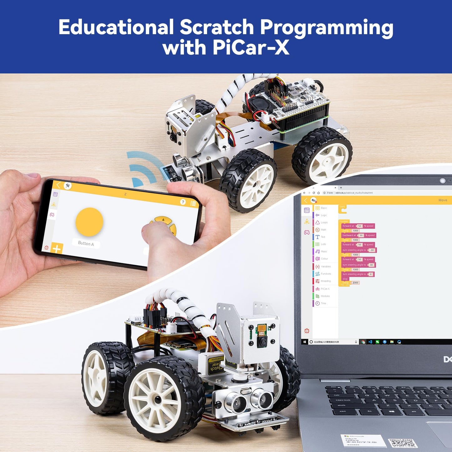 SunFounder PiCar-X AI Video Robot Car Kit with Raspberry Pi Zero 2 W+32G TF Card, ChatGPT-4o Enabled with Video Recognition, Python, Scratch, Camera, Mic, Rechargeable Batterry