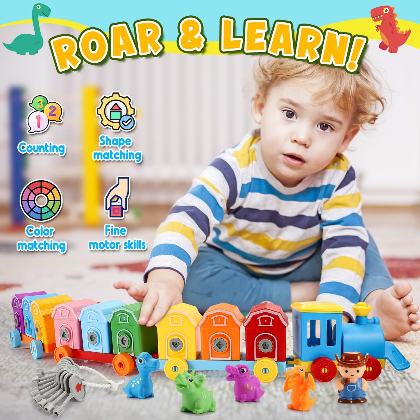Toddler Montessori Learning Toys for 2 3 4 5 Year Old Boys, Kids Dinosaur Train Matching Toys with Locks & Keys | Counting & Sorting Trains Set, Preschool Toy Boy Girls Birthday Gifts Ages 2-4 3-5