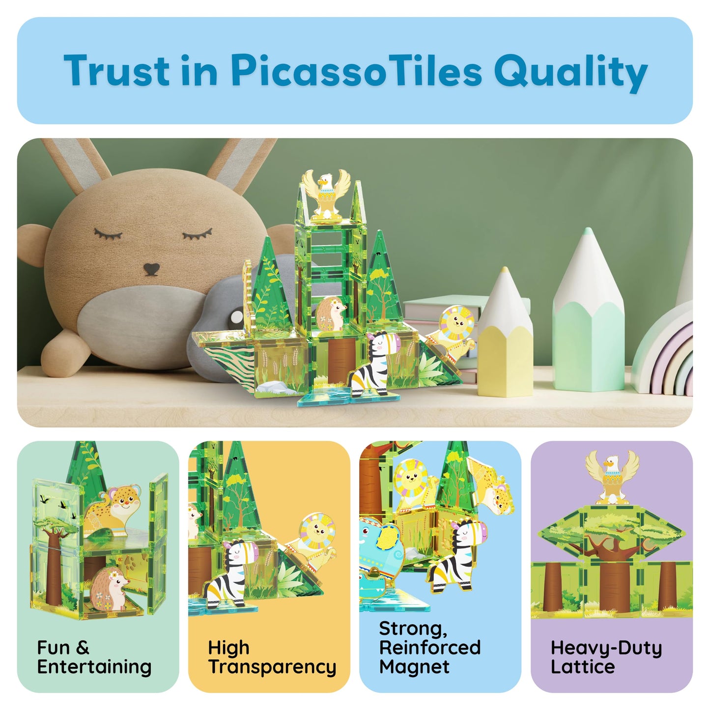 PicassoTiles Magnet Tile Building Block Safari Themed Set with 8 Compatible Magnetized Animal Action Figures Build Blocks Toddler Creativity Toys STEAM Educational Learning Skills Ages 3+ PTQ12