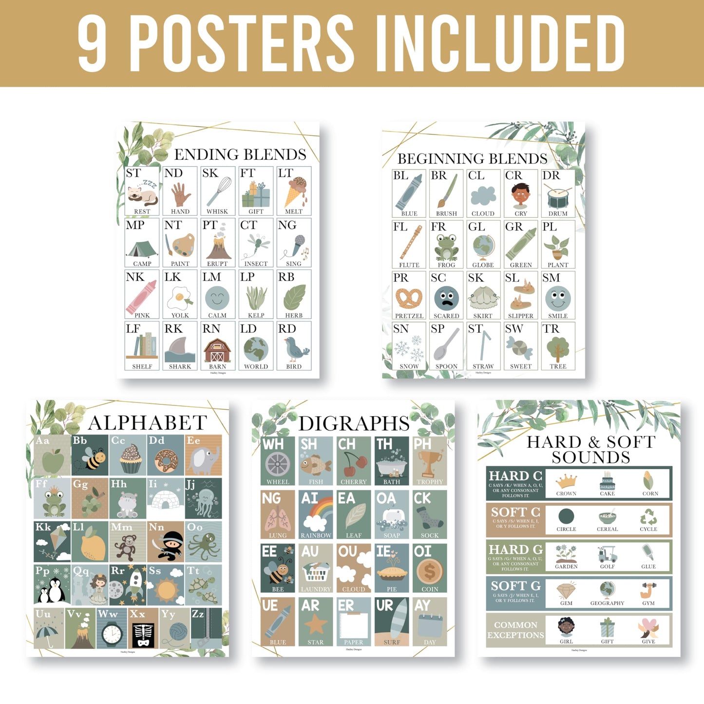 Hadley Designs Phonics Posters for Classroom Must Haves - 9 Sound Wall for Kindergarten & Elementary Teacher Supplies, Syllable, Vowels, Digraphs & Blends Bulletin Board Set, Greenery Classrom Decor