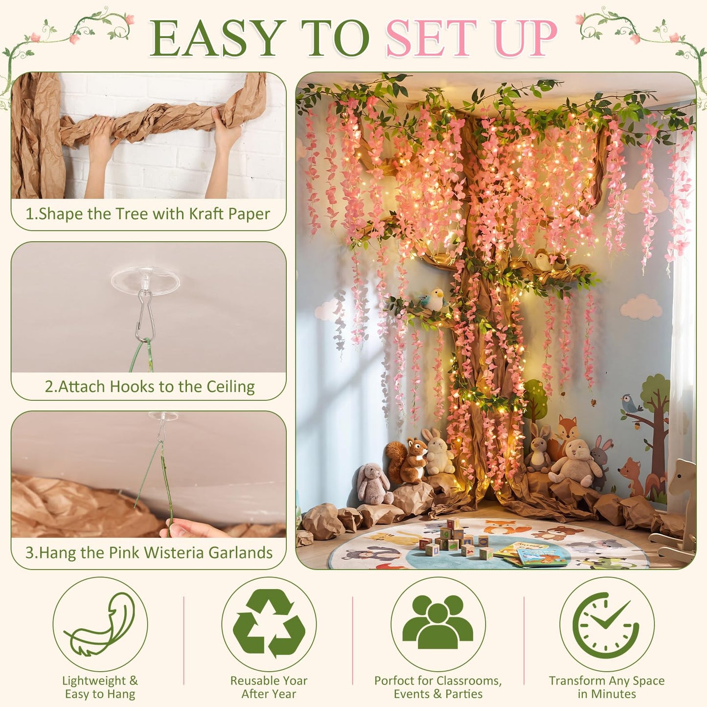 Suncalla Classroom Tree Bulletin Board Set DIY 3D Classroom Ceiling Wall Decor with Kraft Paper & Mounted Traceless Hooks for Jungle Safari Hawaiian Luau Party Supplies (Wisteria)
