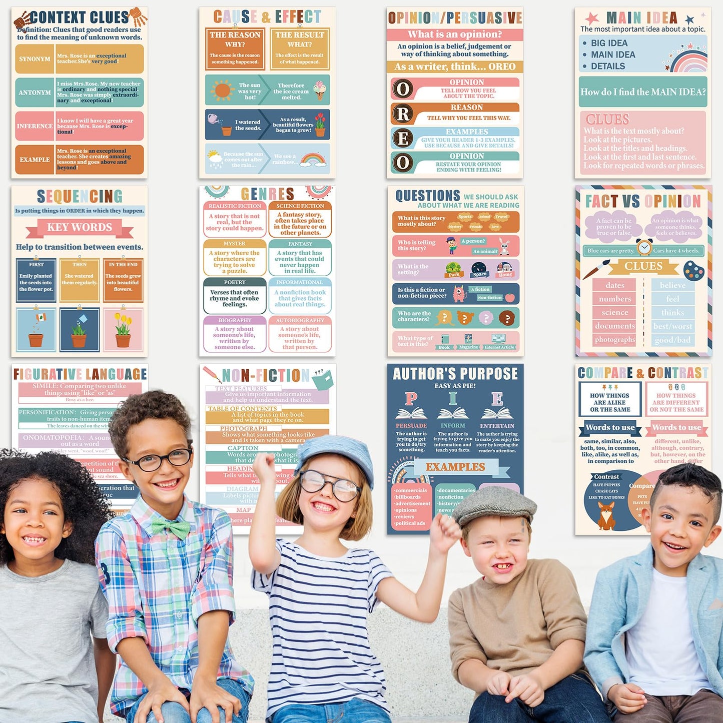 QOUBAI Reading Comprehension Classroom Posters English Language Arts Bulletin Board Chart Decor Reading Corner Posters for Everyone Elementary Middle High School Wall Decor Classroom Must Haves