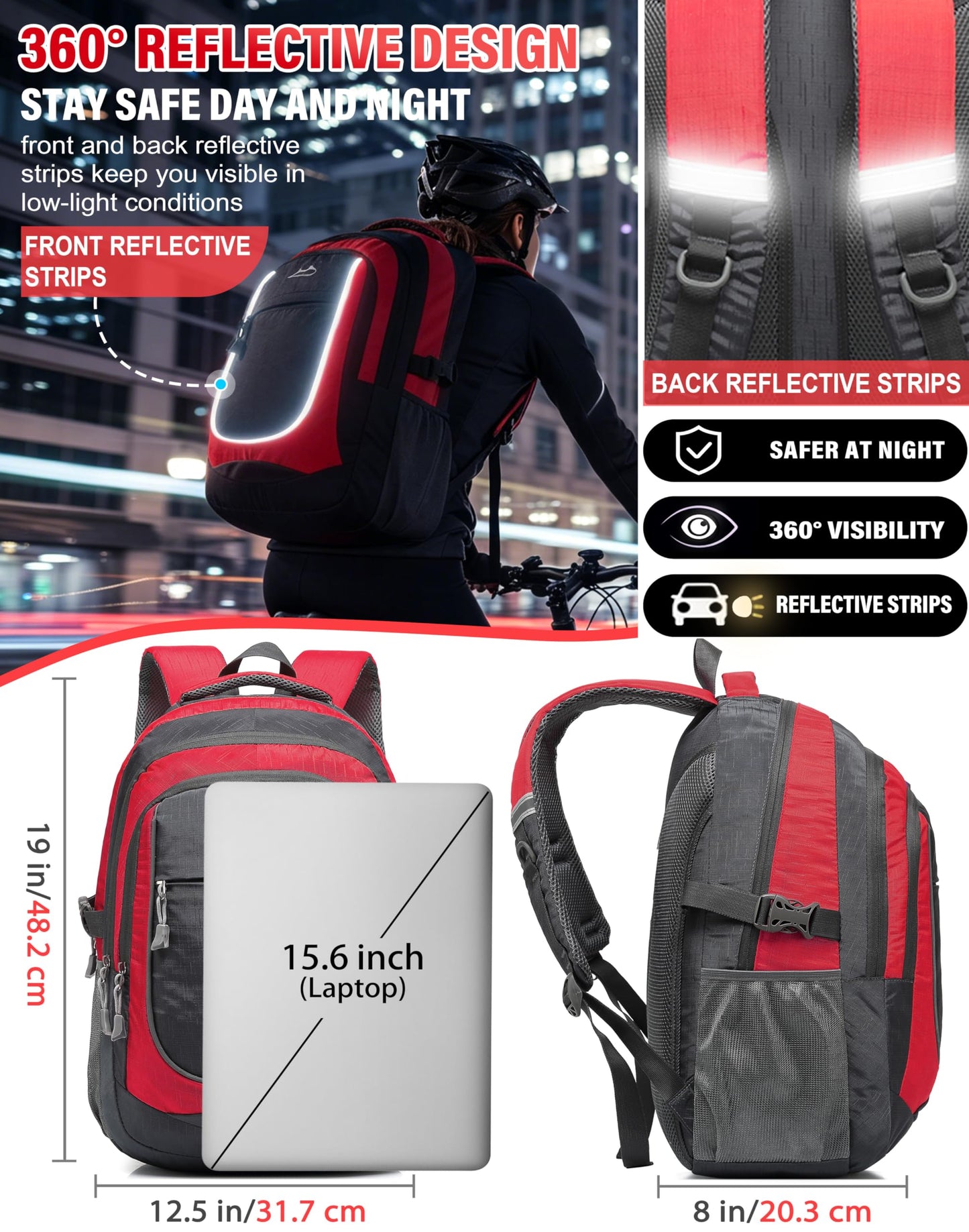 ProEtrade Backpack Bookbag for College Sturdy Travel Business Hiking Fit Laptop Up to 15.6 Inch Multi Compartment Gifts for Men Women Night Light Reflective (red)