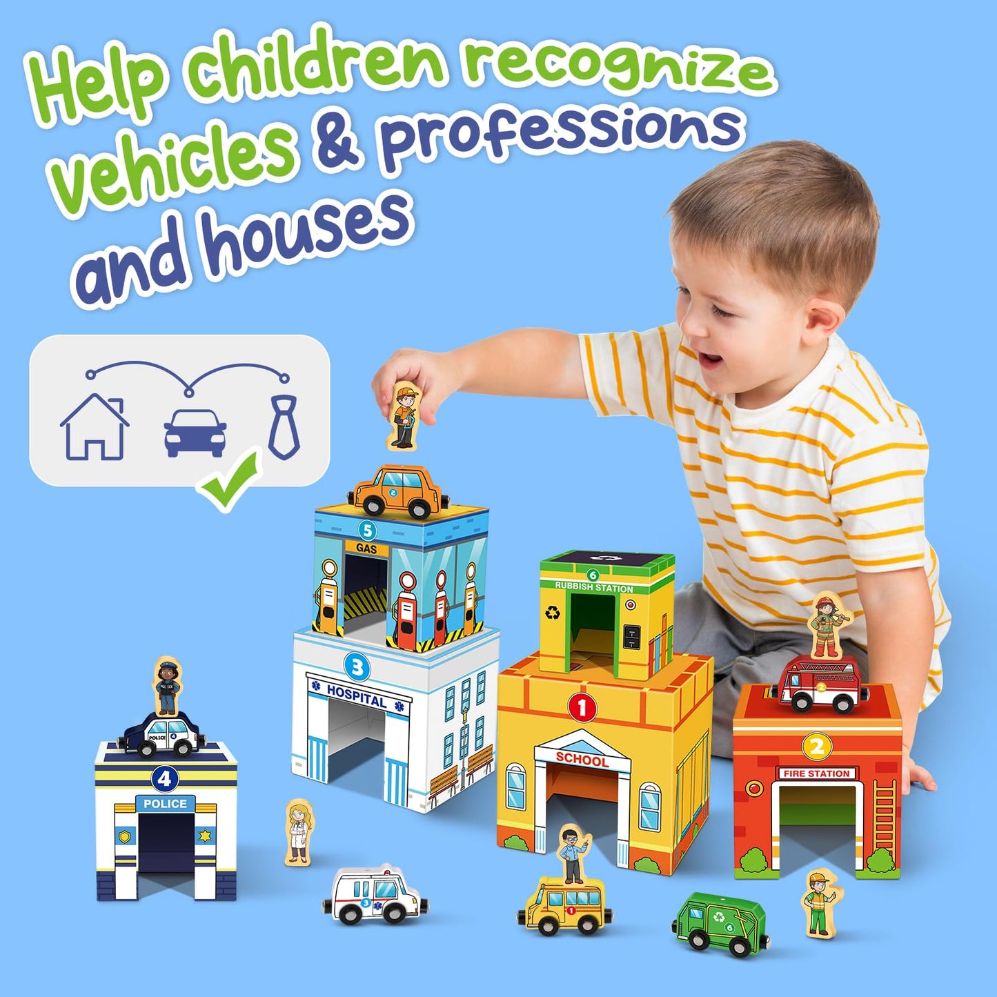 Aizweb Toddler Sorting&Stacking Toys with Magnetic Wooden Vehicle,Cars&Community Helpers,STEM Building Blocks,Educational Learning Montessori Gifts for 1 2 3 Year Old Boys Girls Preschool Kindergarten