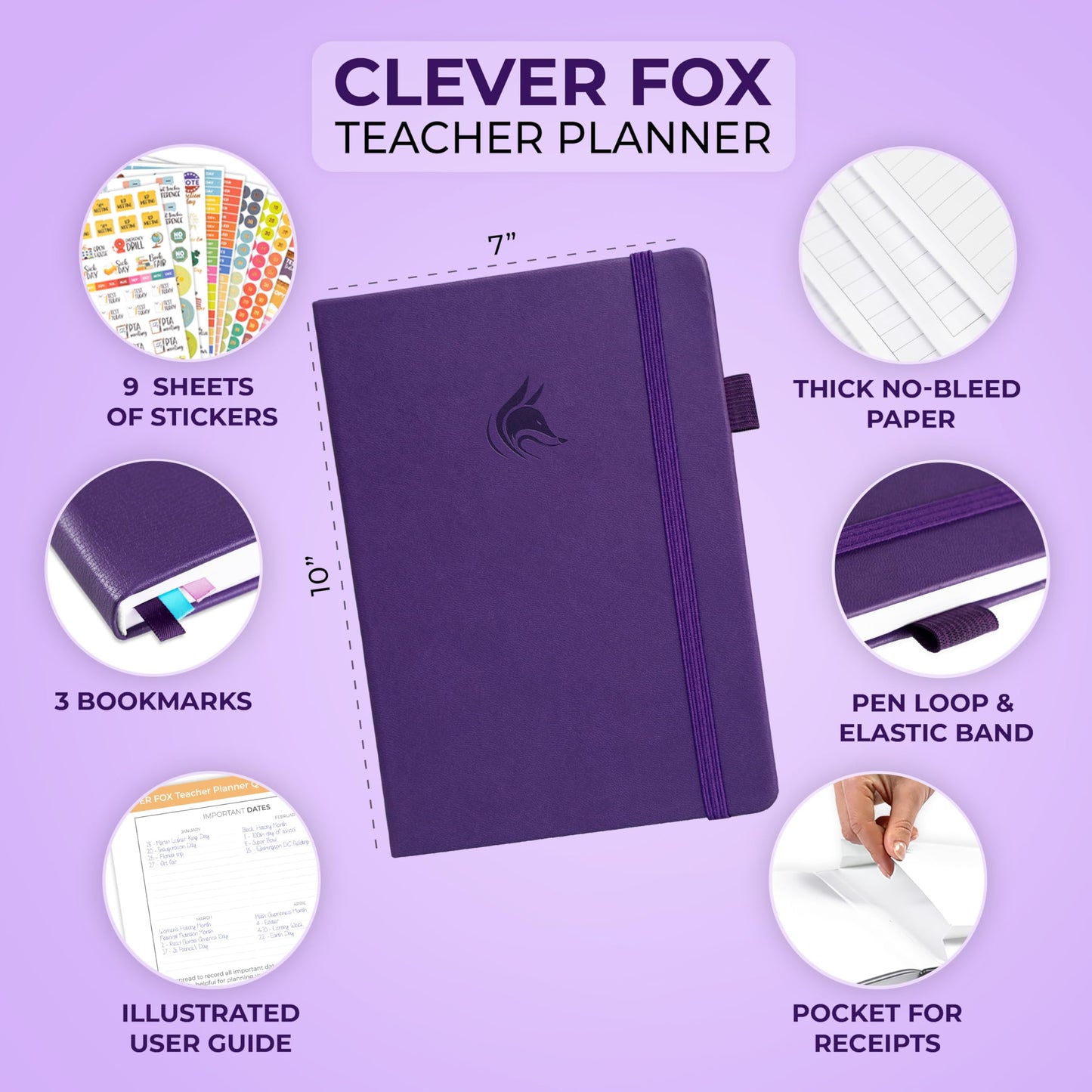 Clever Fox Teacher Planner – School Year Planner with Calendars & Lesson Plans – Teacher Plan Book for Classroom & Homeschool Organization - Undated, 7x10″, Hardcover (Purple)