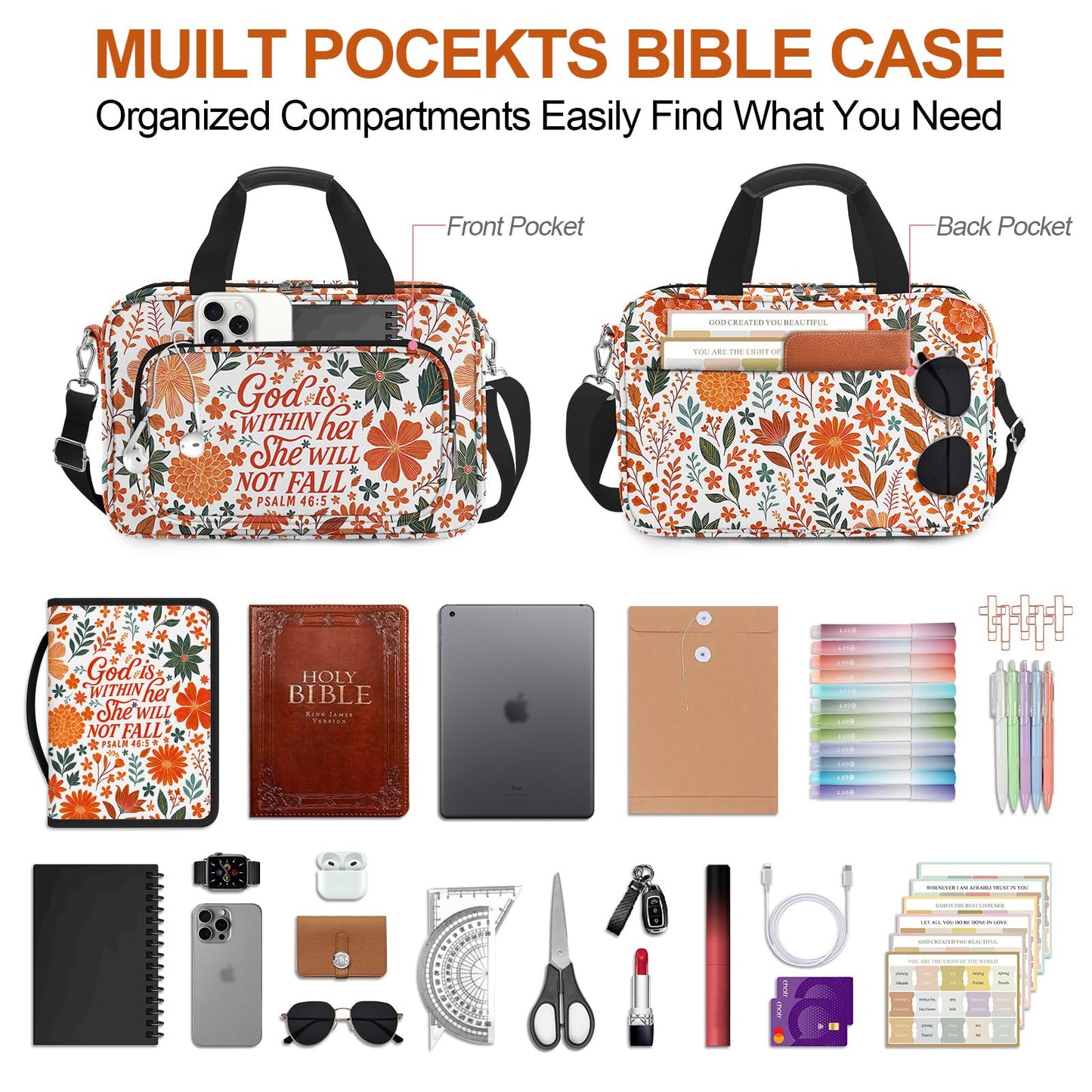 IBOVODI Autumn Flower Bible Cover Case for Women, Boho Cute Large Church Bible Bag Books Carrying Case with Shoulder Strap and Handle Zipper Pocket, Bible Study Supplies Journaling Kit Christian Gifts