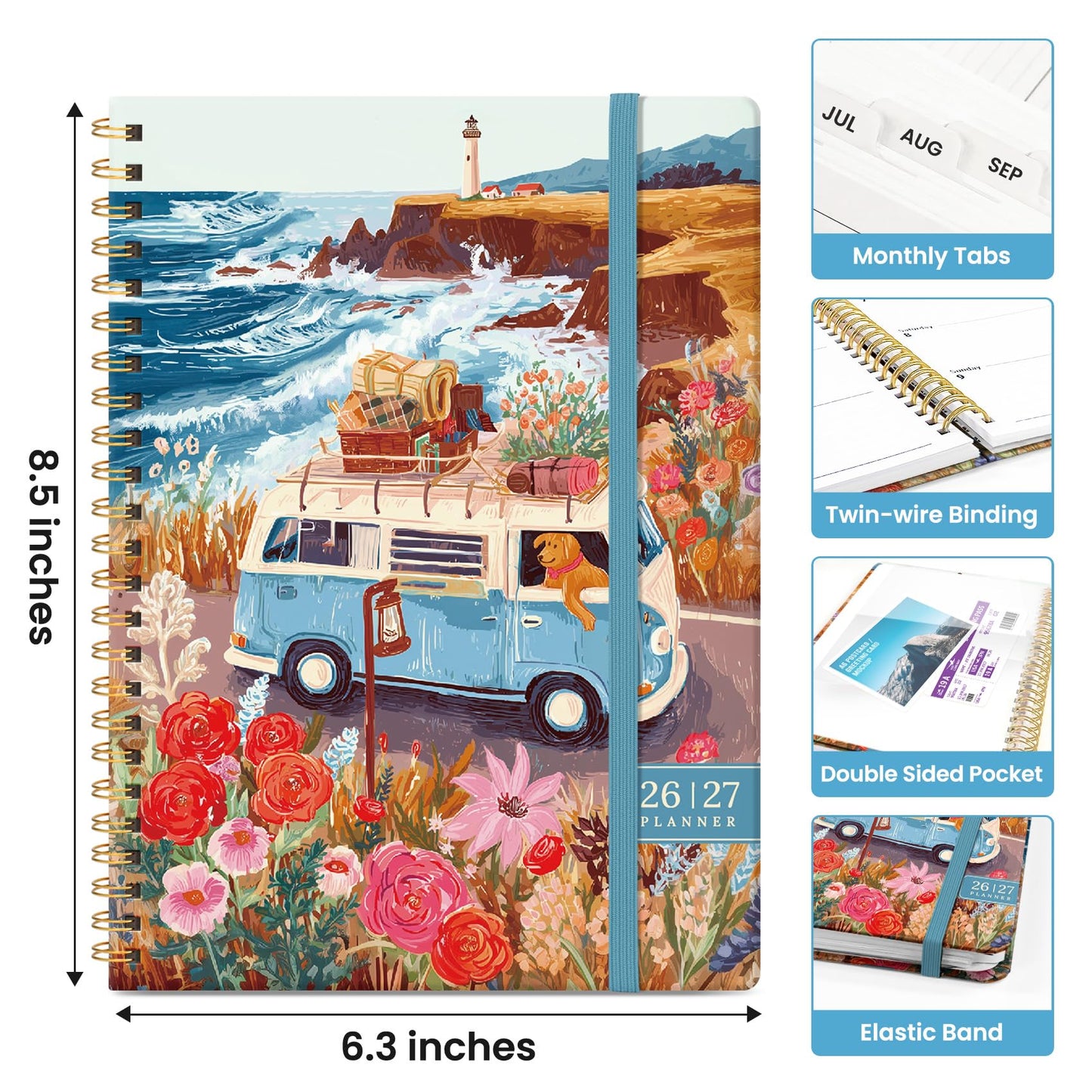 Planner 2026–2027, Weekly & Monthly Academic Organizer for School Year, Jul 2026–Jun 2027, Hardcover Planner with Tabs, Back to School Essential, 6.3" x 8.5", Coastal Van