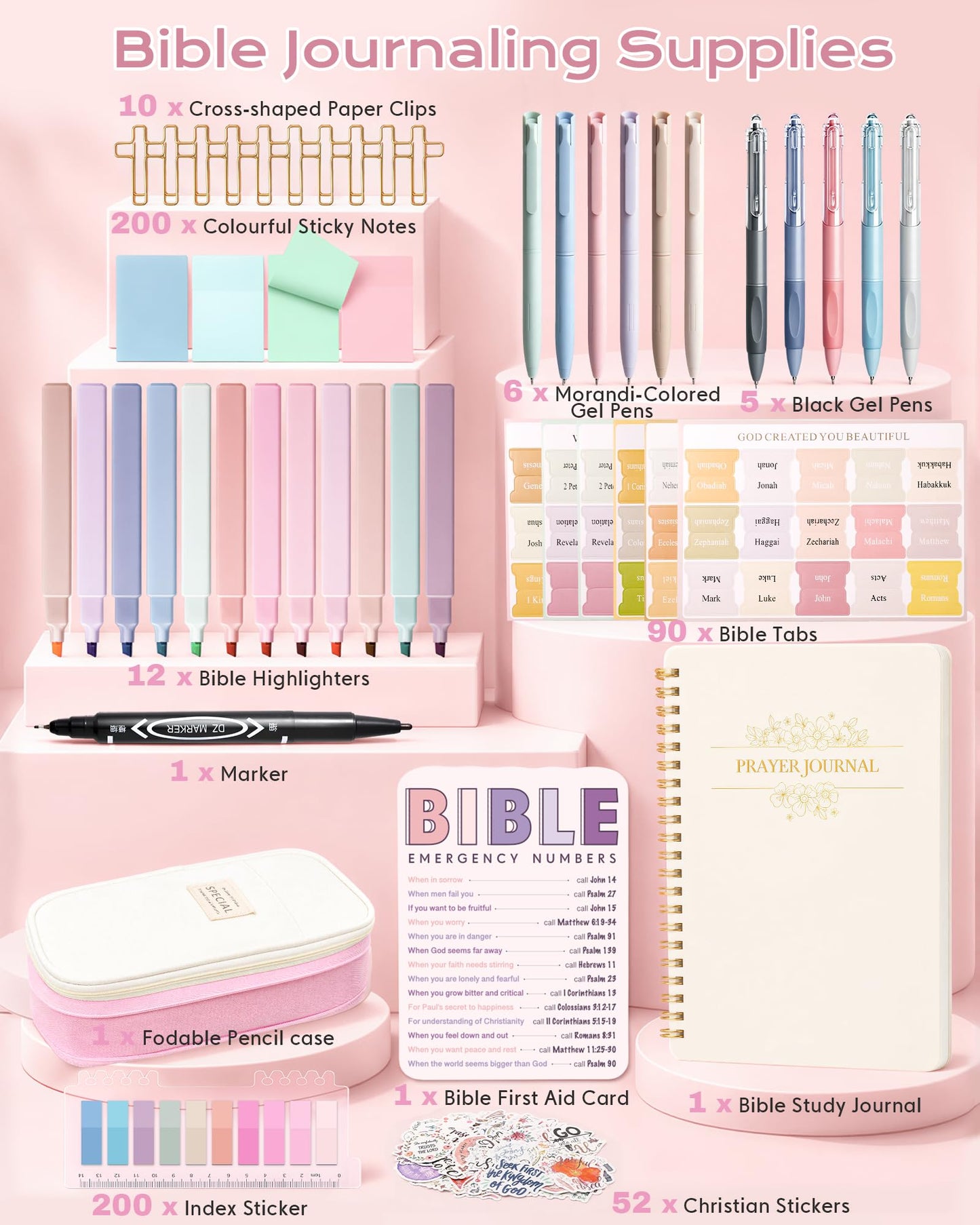 XKDOUS 60 Pcs Bible Study Supplies, Bible Study Kit for Women, Bible Journaling Supplies with Spiral Notebook Journal, Bible Tabs, Pen Case and More, Bible Highlighters and Pens No Bleed for Books