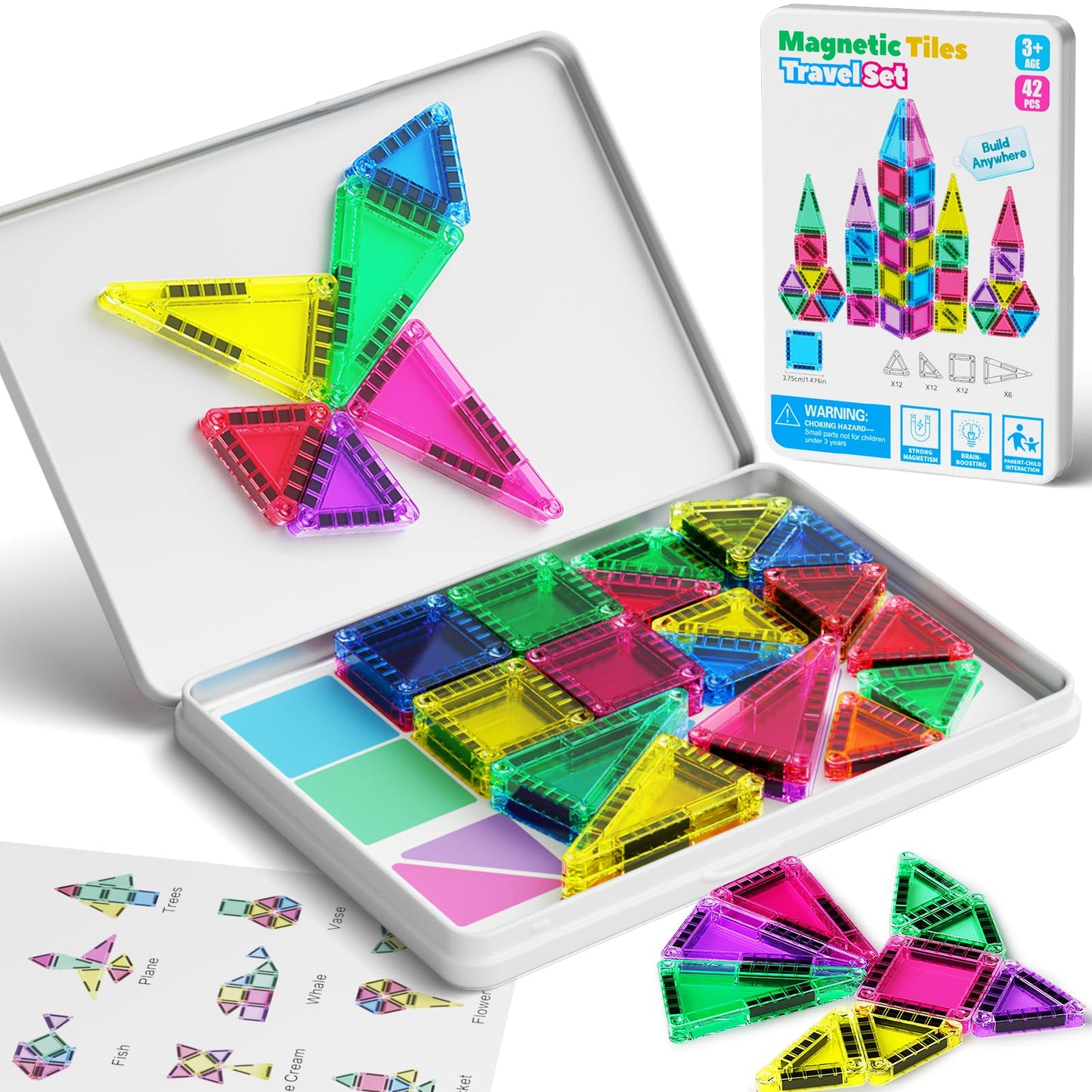 MEIQ 42PCS Mini Magnetic Tiles Travel Set with Iron Storage Box - Portable STEM Building Blocks for Kids 3-8, Montessori Educational Magnet Toys for Airplane, Car Rides & On-The-Go Play
