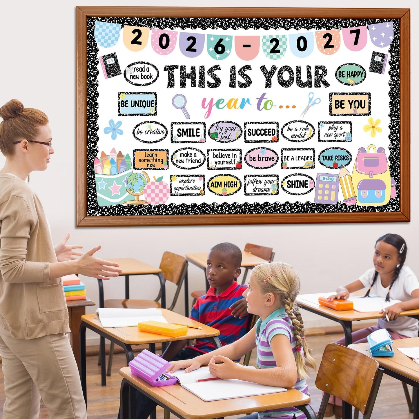 This is Your Year Bulletin Board Set Composition Notebook Classroom Decoration Inspirational Positive Affirmation Cutouts Welcome Back to School Bulletin Board for Office Chalkboard Wall Supplies