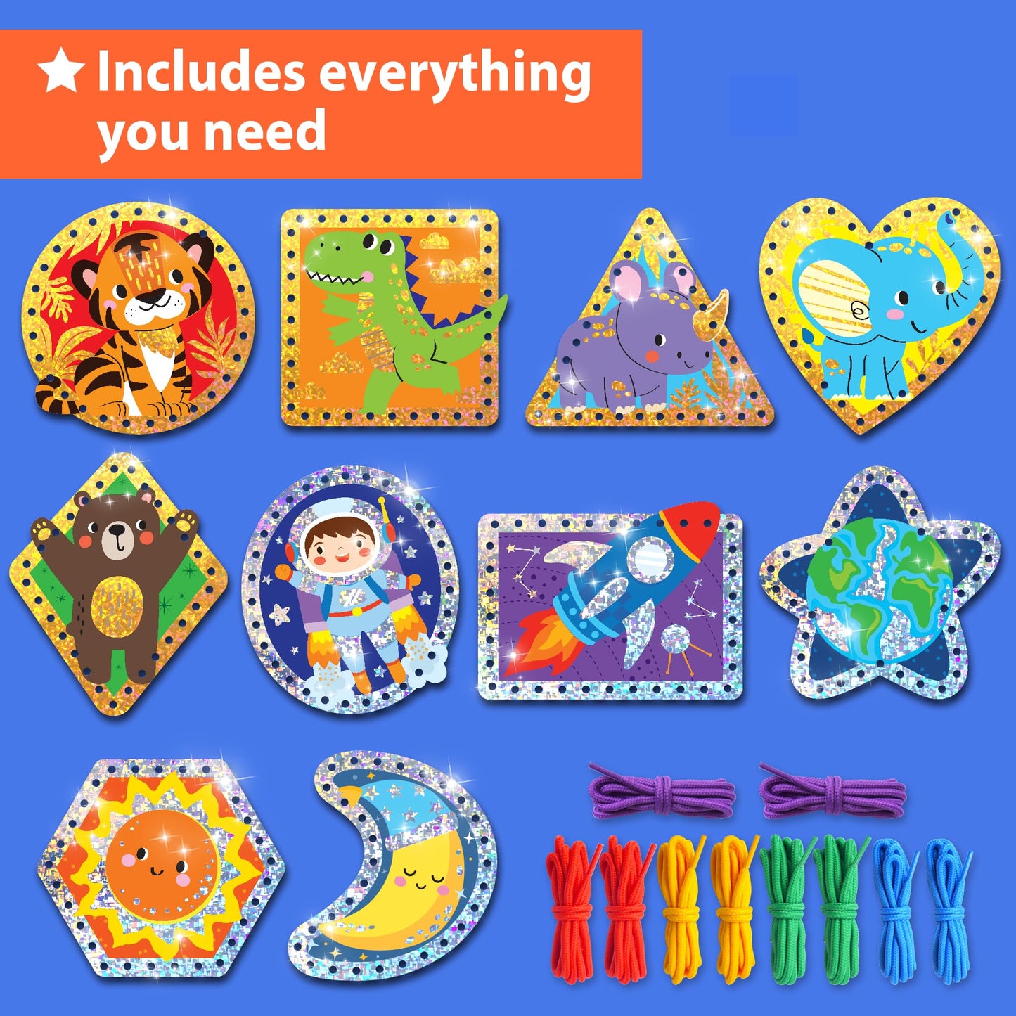 KRAFUN My First Lacing Cards for Boys & Girls Age 3+, 10 Holographic Space Animal Arts & Crafts Projects, Fine Motor Skills Toys with T-Rex Astronaut Rocket Tiger Elephant Dinosaur