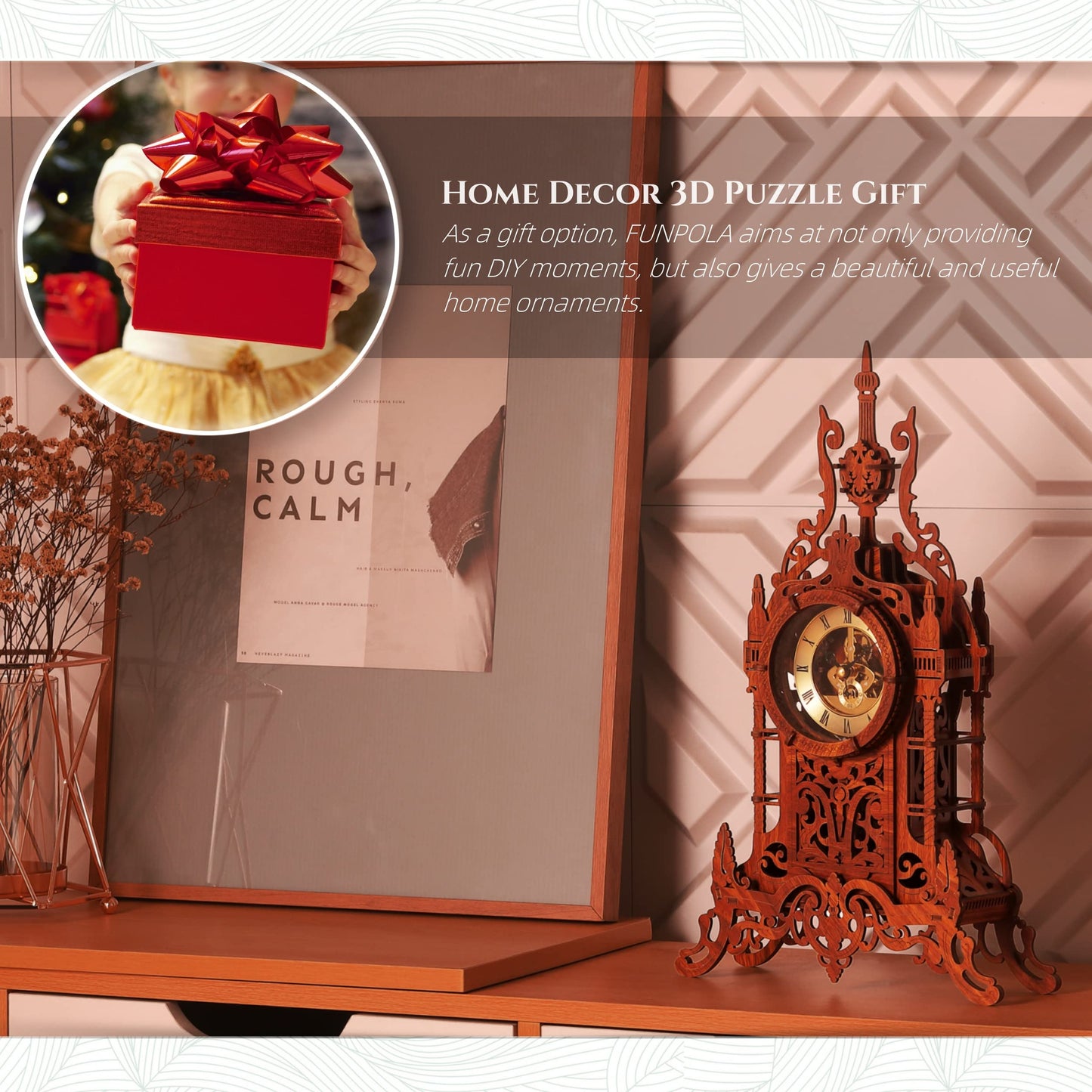 FUNPOLA LED 3D Wood Puzzle Clock Tower, 3D Puzzle Building Model, 3D Home Décor Puzzle DIY 3D Clock Kit for Adults (LED-WTC02)