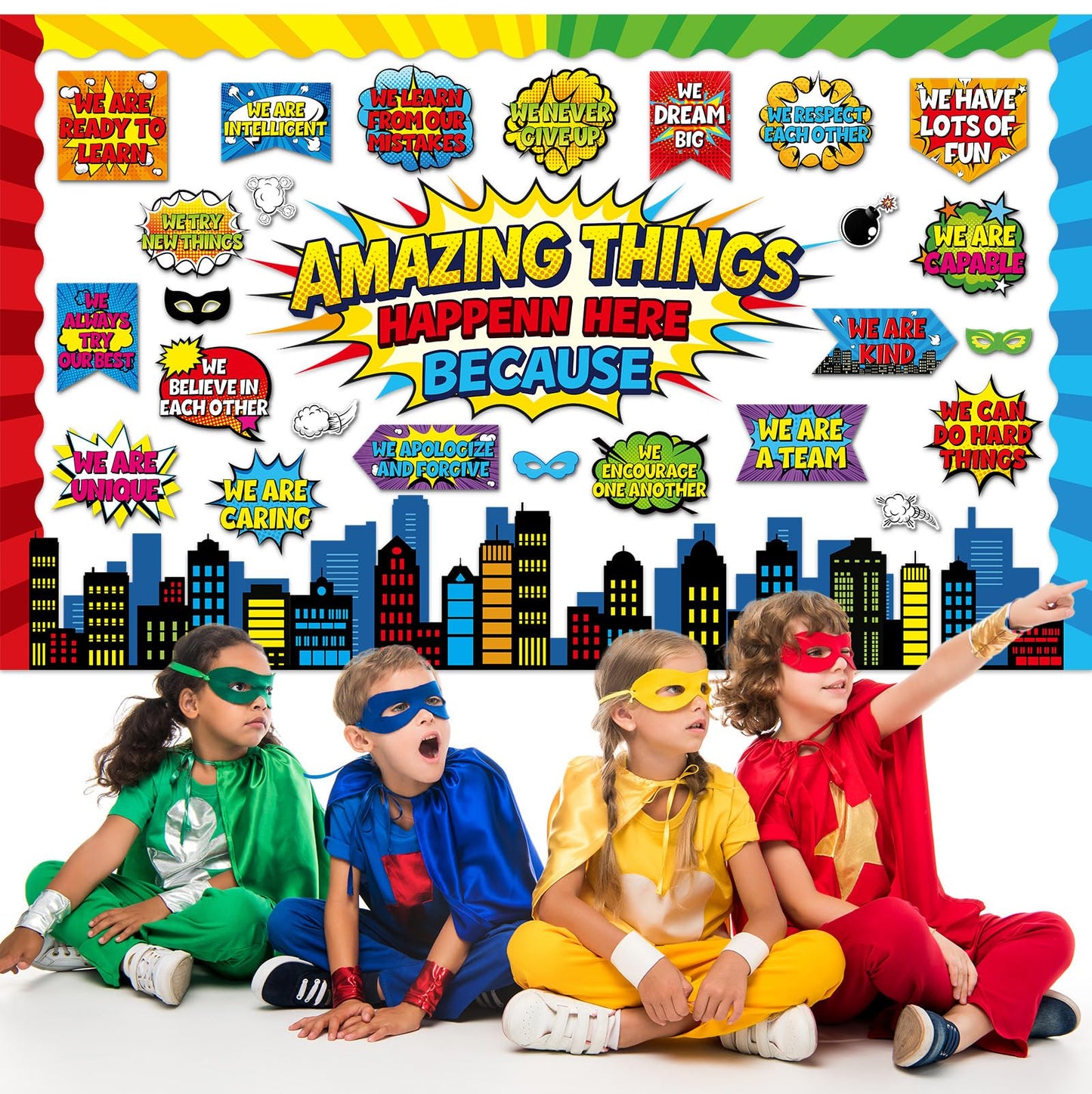 Hero Themed Bulletin Board Set Amazing Things Happen Here Classroom Decoration Motivational Positive Affirmation Super Themed Paper Cutouts for Tropical School Chalkboard Wall Decor Supplies