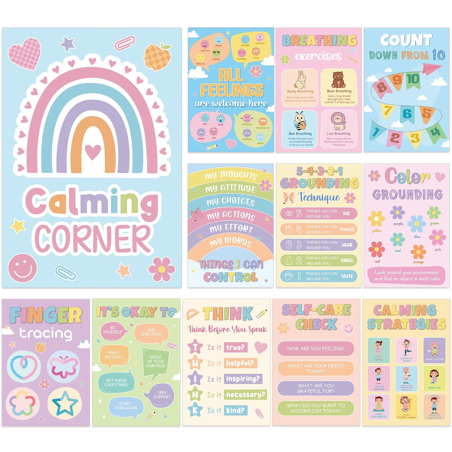 12Pcs Calming Corner Posters for Classroom Calm Down Pastel Emotions Feeling Poster for Kids Inspirational Back to School Wall Decor Motivational Mental Health Posters for Office Home Teacher Supplies