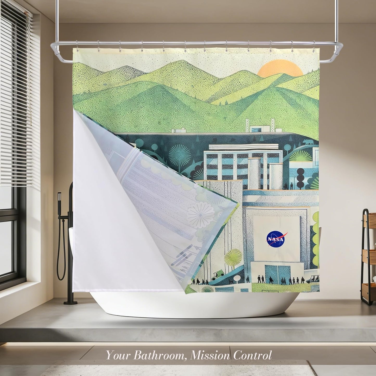 DRIFTED ROOT NASA Licensed Shower Curtain Set, Green Frontier and Mountain Design, Space Poster Art, Oxford Cloth, Bathroom Hotel Decor (Green Frontier-Ivory/Green, 72" W x 72" L (Pack of 1))