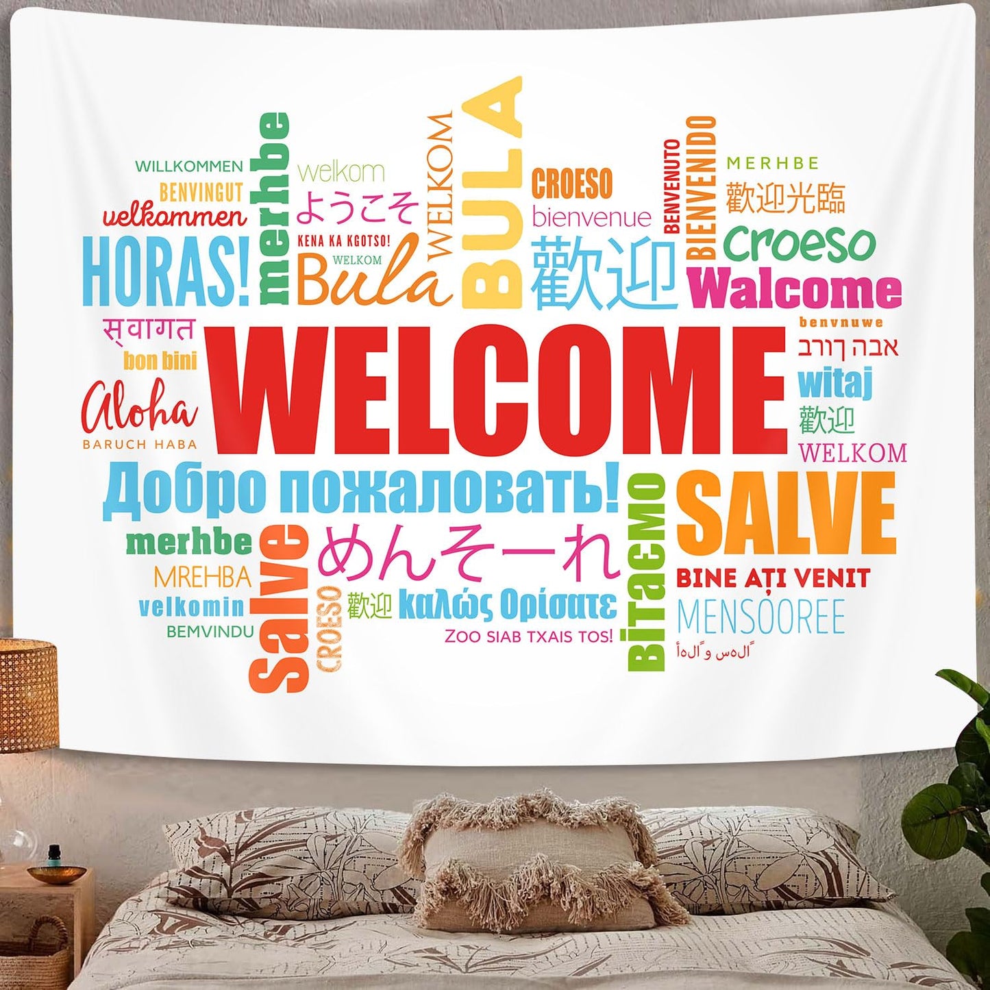 GOAOK Welcome Word in Different Languages Tapestry, Colourful Languages Multilingual Classroom Decor Aesthetic Tapestry Wall Hanging for Student Kids Decor Living Room Bedroom Dorm Playroom 60X40 In