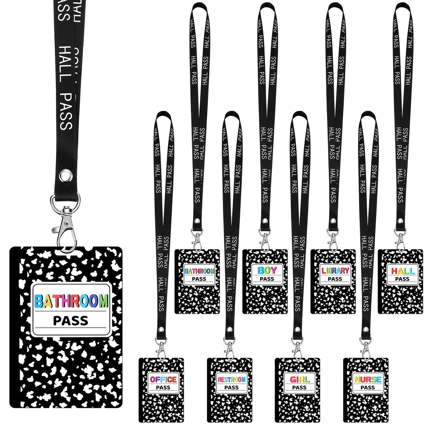 Fuyoooo 16 Set Composition Notebook Hall Pass Lanyards Unbreakable PVC Classroom Passes with Lanyards Bathroom Boy Girl Library Hall Office Nurse Pass for Elementary School Supplies