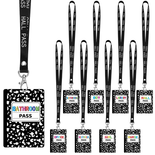 Fuyoooo 16 Set Composition Notebook Hall Pass Lanyards Unbreakable PVC Classroom Passes with Lanyards Bathroom Boy Girl Library Hall Office Nurse Pass for Elementary School Supplies