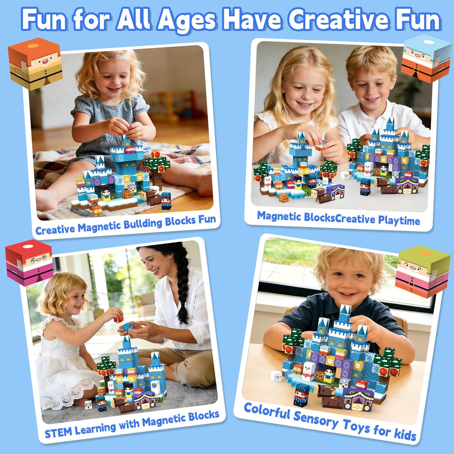 200pcs Magnetic Blocks, Magnetic Blocks for Kids Ages 4-8, Magnetic Cubes Sets for Ice Castle Build, Stacking Magnets for Kids, Birthday Gifts for Boys and Girls Age 3+ Years Old-11unique characters