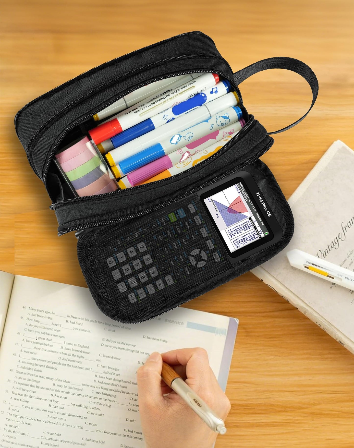 Fmeida Pencil Case Pouch Expandable - Extra Large Pencil Pouch Aesthetic Pencil Bag Office Stationery Organizer with Handle for Men Women Kids Back to School Supplies - Business Black