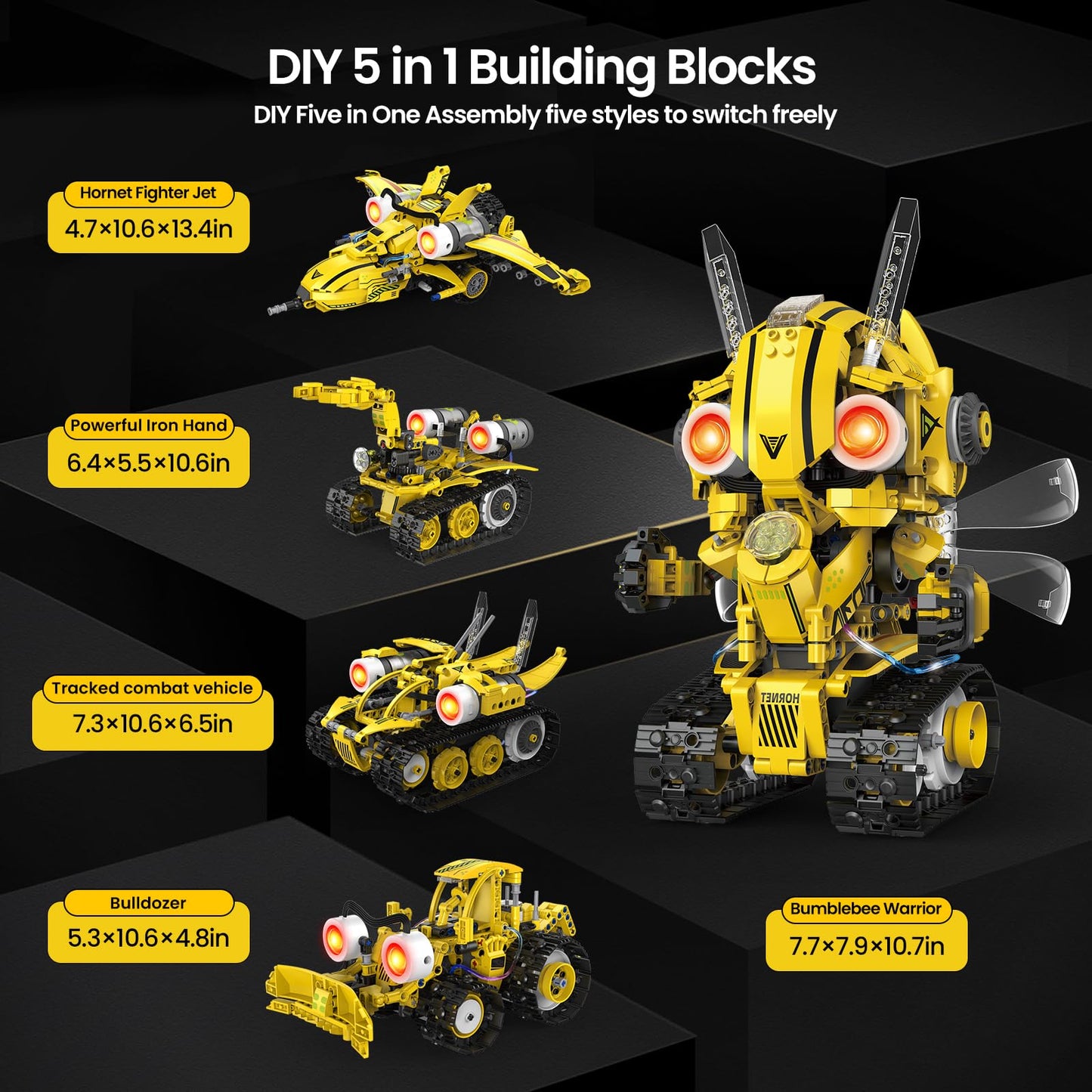HPROMOT 5-in-1 STEM Robot Building Kit for Kids Ages 8-16, Remote & App Controlled, Rechargeable Engineering Learning DIY Coding Toy, Educational Building Blocks Gift for Girls & Boys (673 PCS)