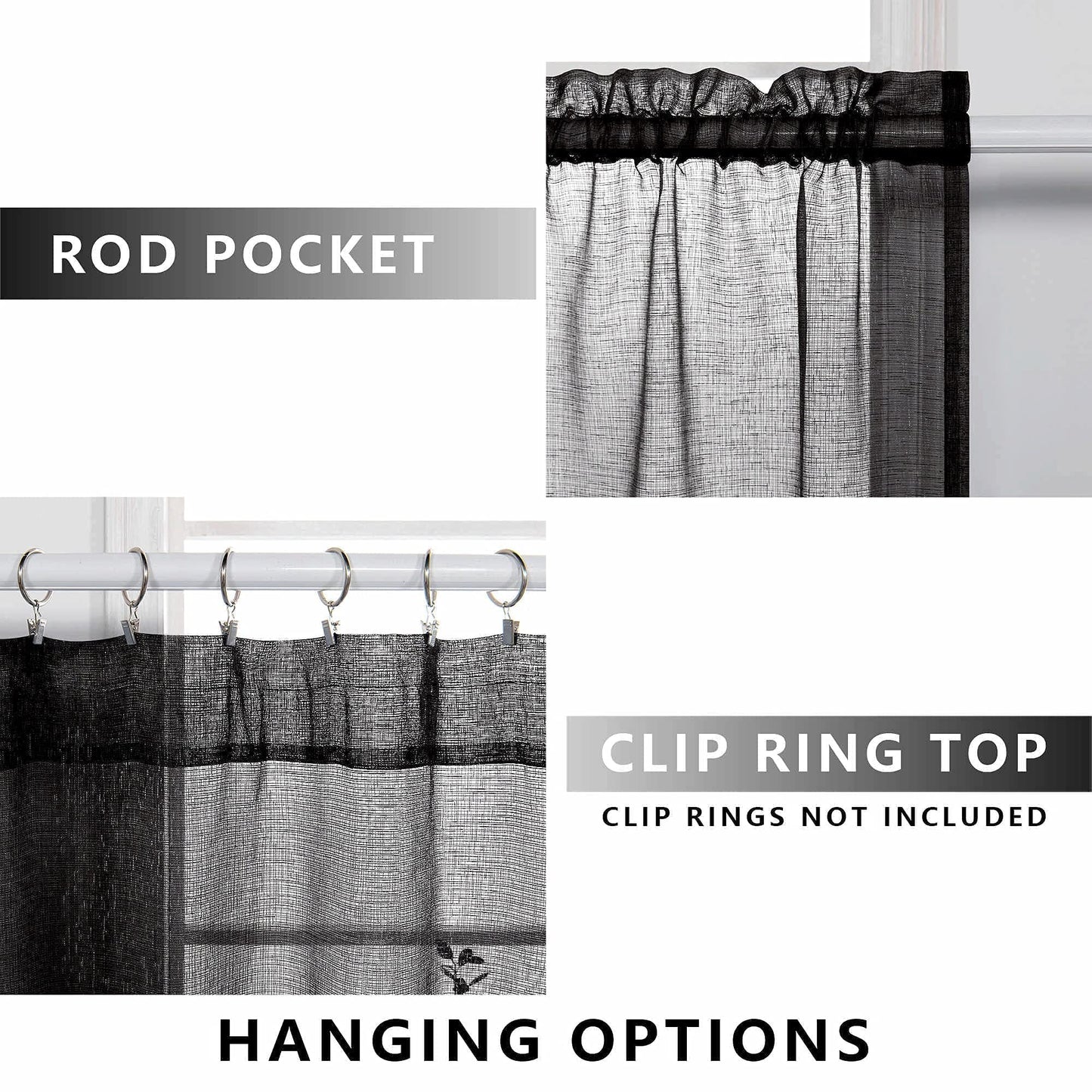 KOUFALL Sheer Black Curtains for Bedroom 2 Panels,Boho Window Curtains for Bathroom Kitchen Living Room 63 Inch Length