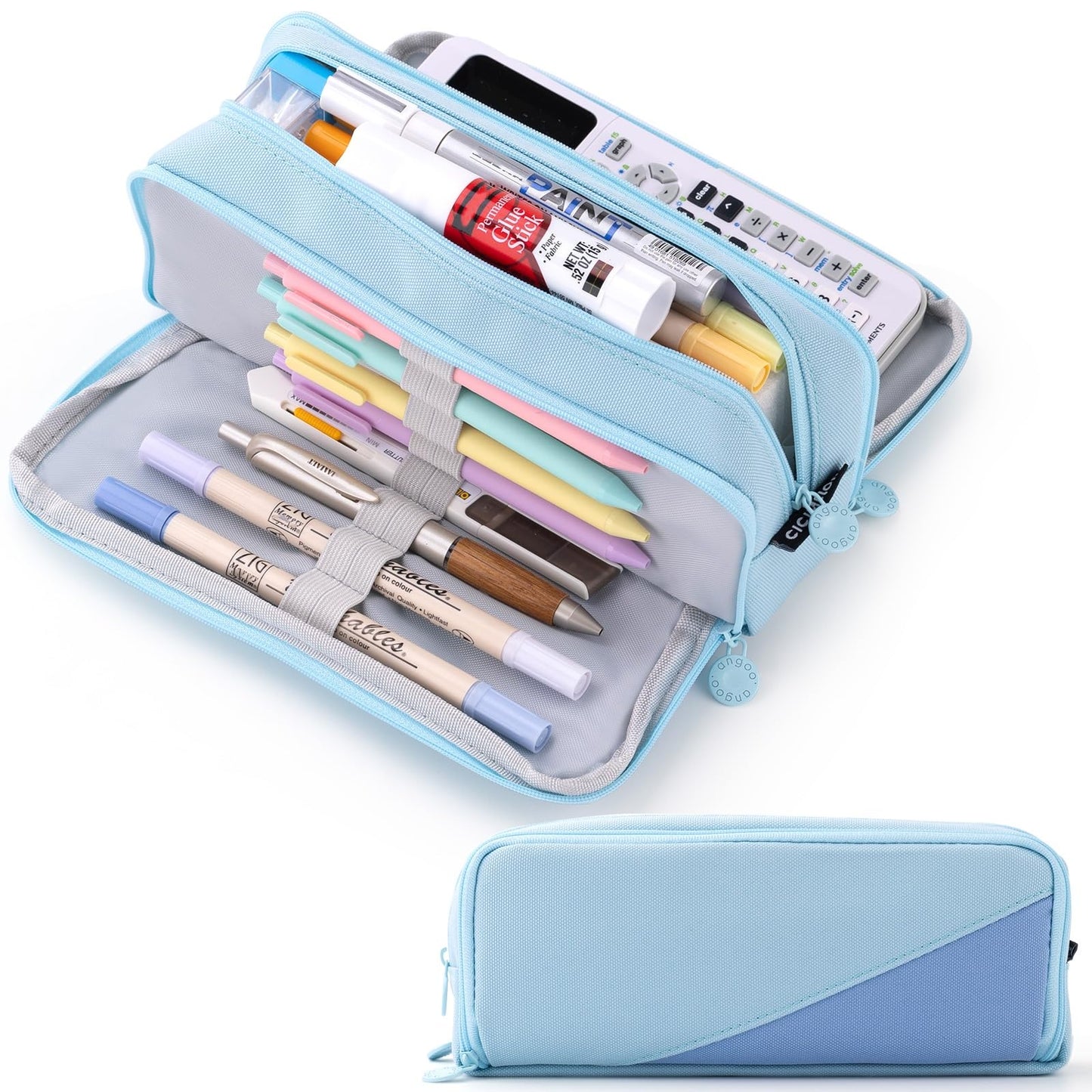 CICIMELON Big Capacity Pencil Case 3 Compartments Pen Pouch Bag Multifunctional Organizer for School Office, Haze Blue