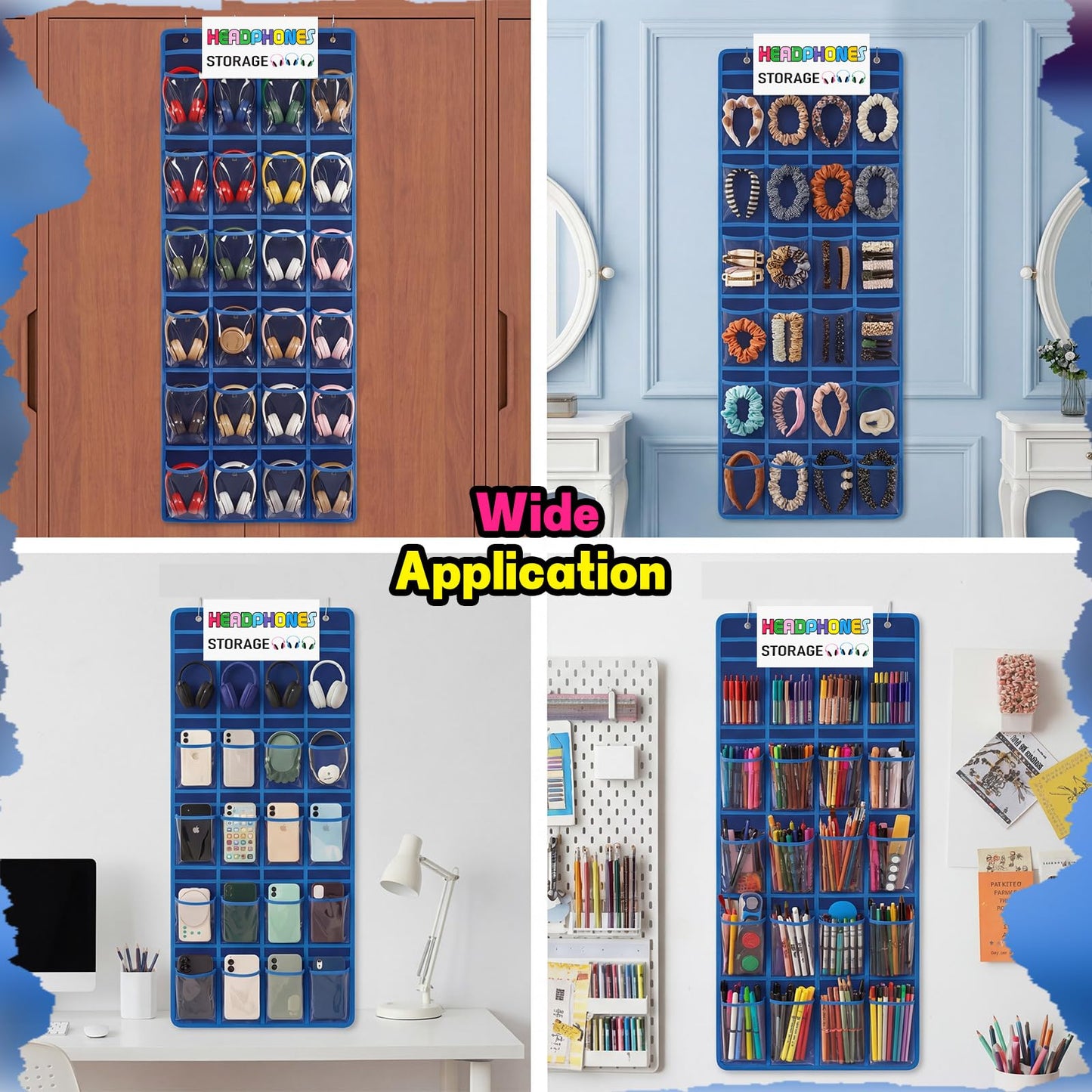 Maasechs Classroom Headphone Storage Organizer 24 PVC Clear Over The Door Hanging Classroom Headphone Holder Pocket with 4 Hooks for School Library(Blue)