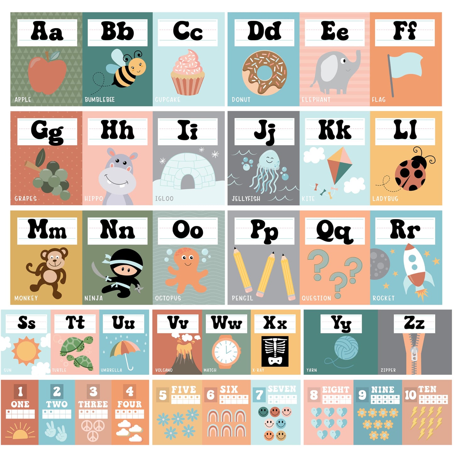 Hadley Designs Alphabet for Classroom Wall Decor - ABC Posters for Classroom Wall Chart Preschool & Kindergarten, ABC Letters & Number Line Elementary, Alphabet Cards, Retro Classroom Decor