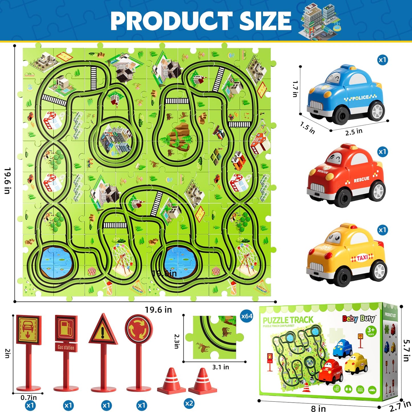 Beby Buty 64PCS Puzzle Track Car Set Toys for Kids Boys, Toddler Toys Gifts for 3 4 5 Year Old, Floor Puzzle Tracks Car for Boys Ages 3-5 4-6, for 3 4 5 6 Year Old