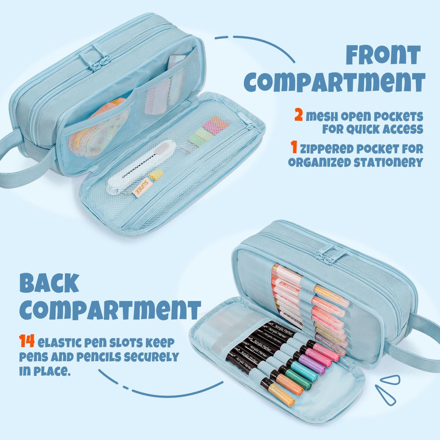 SUNEE Large Capacity Pencil Case with 3 Compartment, Extra Big Pencil Pouch, Pencil Bag with Zipper, Cute High Stationery Organizer, Oxford Pen Box School Supplies for Student Teen Girls Boys, Blue