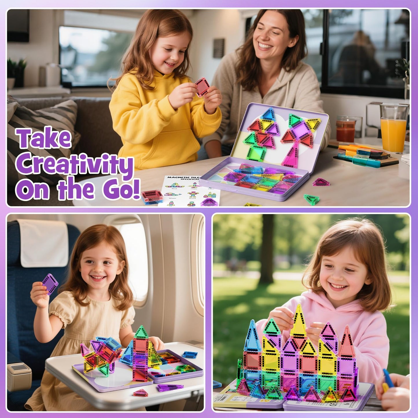 MEIQ 42-Piece Mini Magnetic Tiles Travel Set with Metal Storage Box - Portable STEM Building Blocks for Kids Ages 3-8, Montessori Educational Toys for Airplane & Car Rides, Gift for Boys & Girls