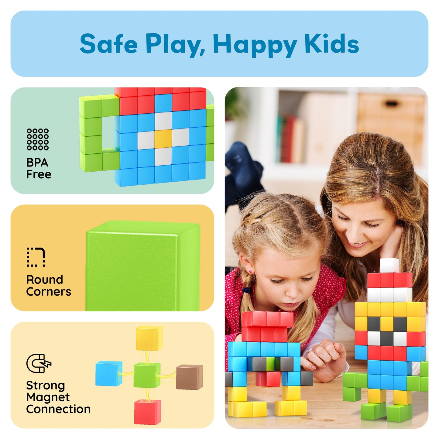 PicassoTiles 102pcs Pixel Magnetic Puzzle Cube 1” Pixel Mix & Match Toys with Ideabook STEM Education Learning Building Block Magnets Construction ToySet Stacking Creative Kit for Kids Age 3+ PMC102