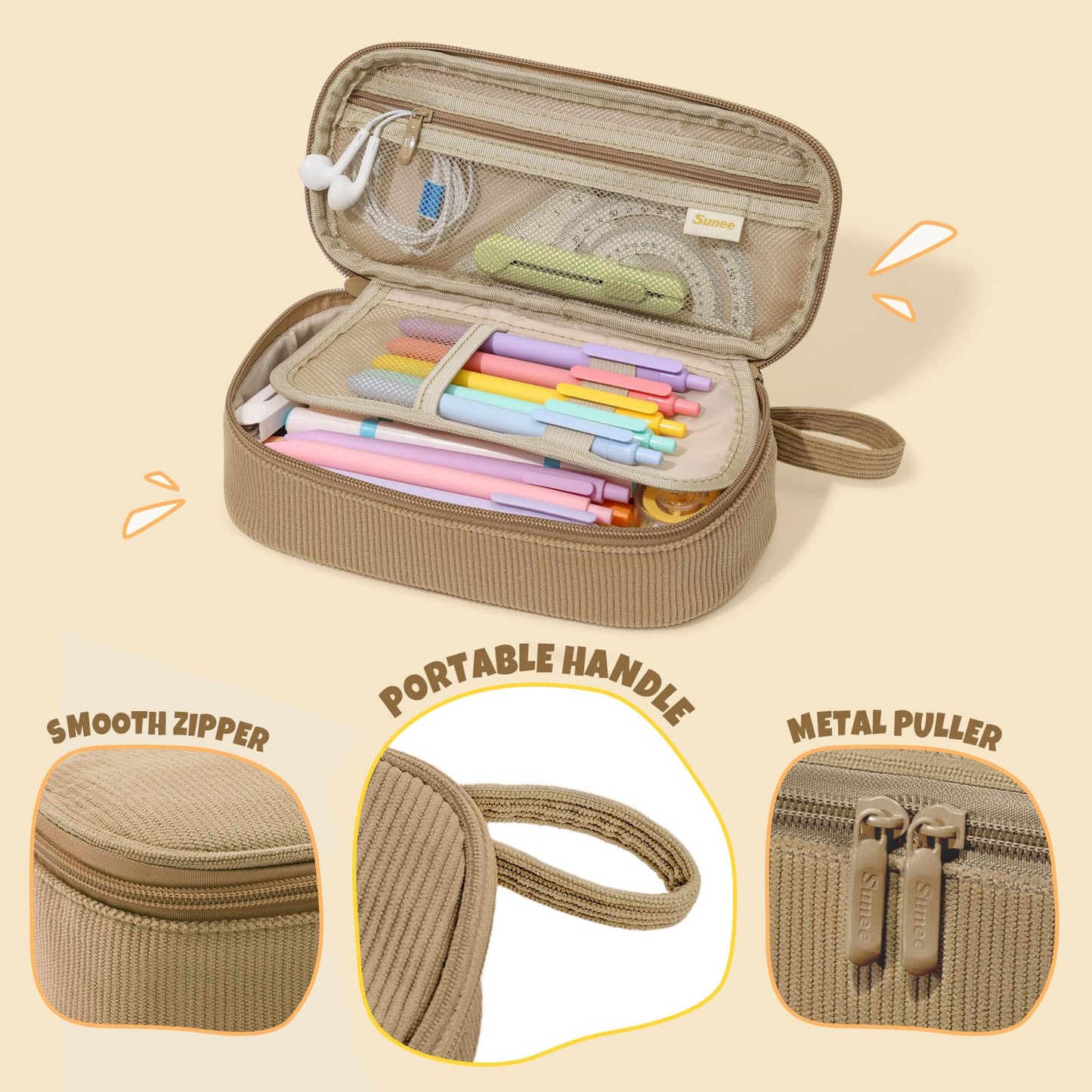 SUNEE Cute Pencil Case, Large Capacity Pencil Pouch, Soft Corduroy Pencil Bag, Big Storage Pen Organizer for Stationery, Aesthetic Zipper Pencil Box, Back to School Supplies for Teen Girls Boys, Khaki