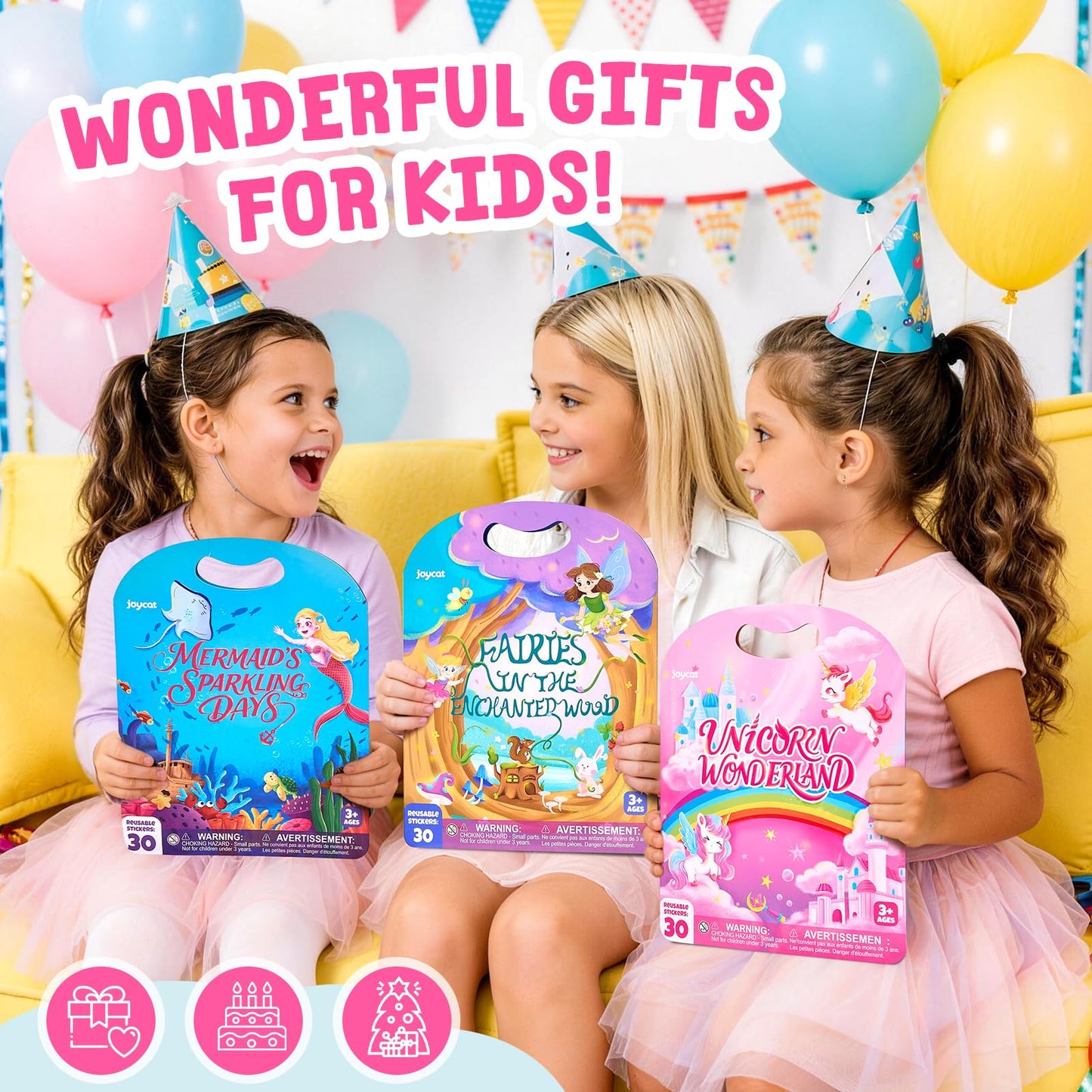 JoyCat Reusable Sticker Book Set (3-Pack): Unicorn, Fairies, Mermaid - 90 Pcs Stickers for Toddlers, Kids Sticker Activity Book, Road Trip Travel Toys, Party Favors, Birthday Gifts for Baby Girls