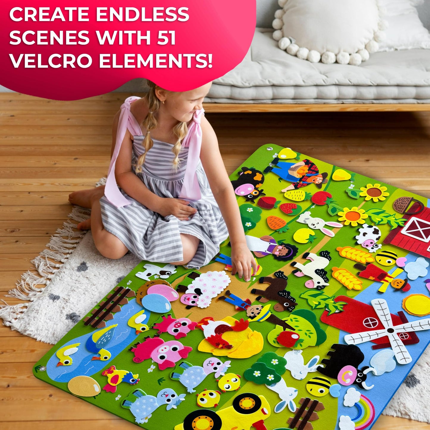 QUOKKA Farm Felt Board for Toddlers 61 PCS - Double-Thick Felt Board Story Set with Large 39х27,7 in. Durable Wall Activity Panel - Ideal for Storytelling Indoor Toddler Activities and Classroom