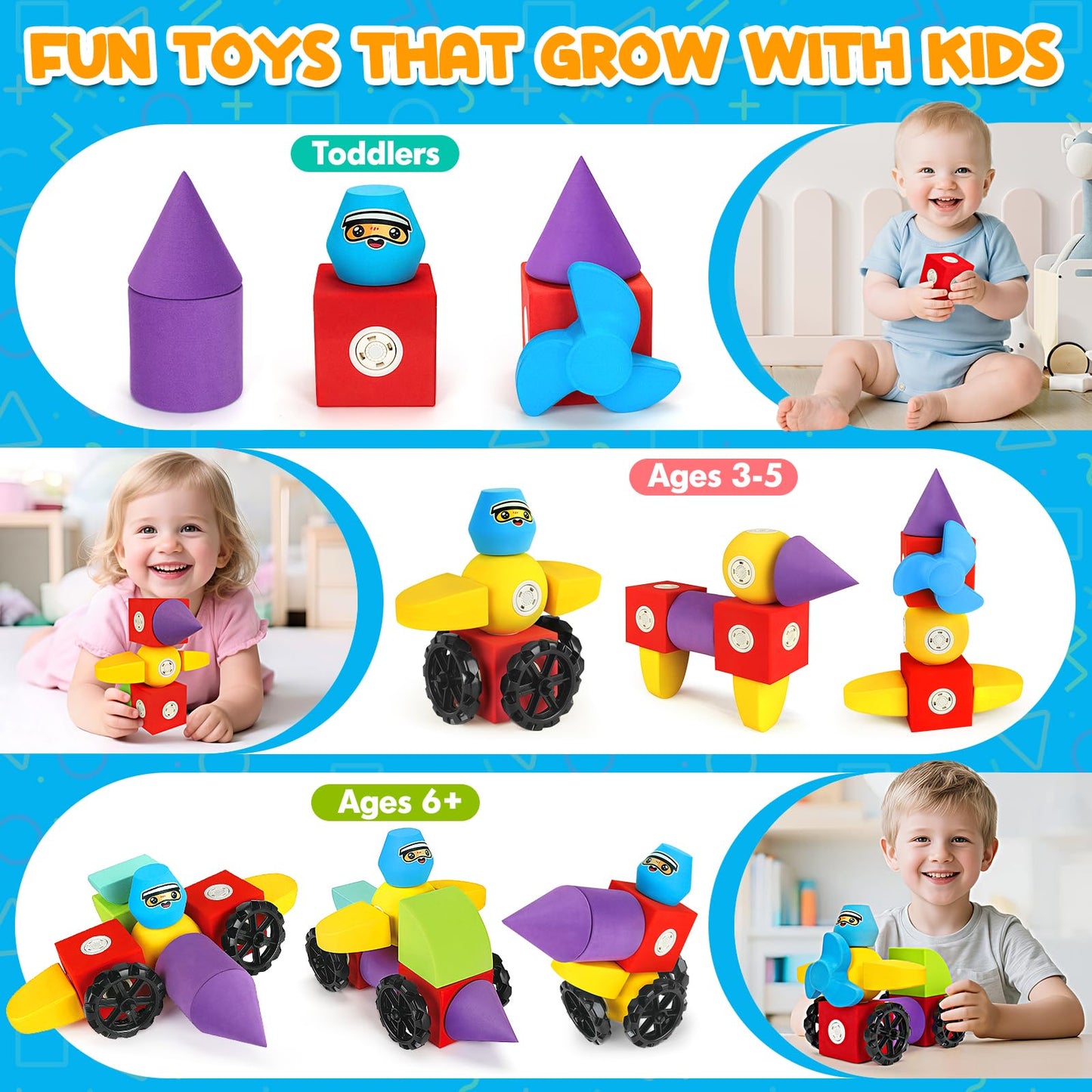 Hodurgyi 15 PCS Magnetic Foam Blocks, STEM Preschool Toys for Children, Magnetic Building Blocks for Toddlers, Kids Bath Toys and Montessori Sensory Toys, Birthday for Boys & Girls Age 3 4 5 6+