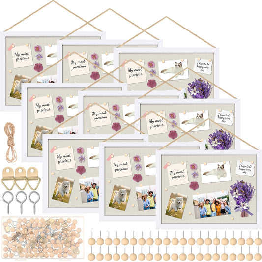 Teling 9 Pack Wood Bulletin Boards with Linen 12''x 16'' Cork Board for Walls with 90 Pushpin Decorative Wood Framed Display for School Office Home Decor (White)