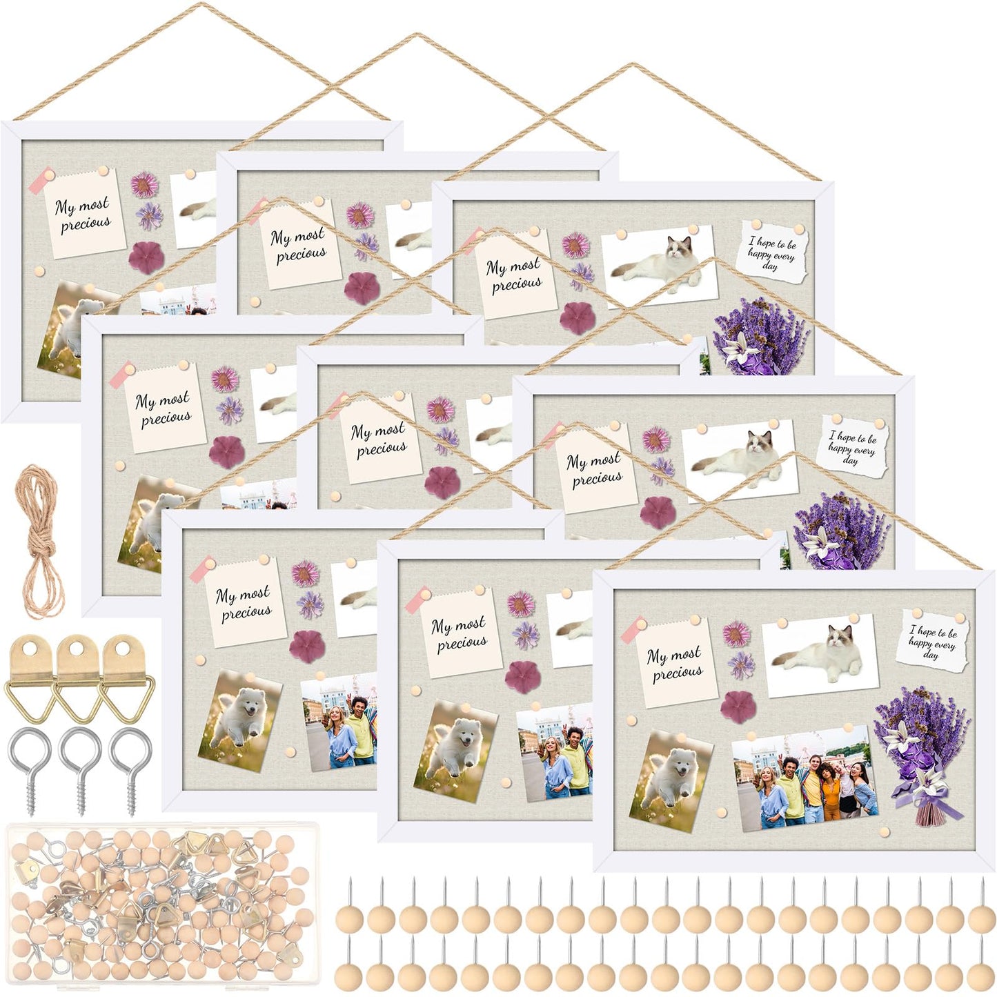 Teling 9 Pack Wood Bulletin Boards with Linen 12''x 16'' Cork Board for Walls with 90 Pushpin Decorative Wood Framed Display for School Office Home Decor (White)