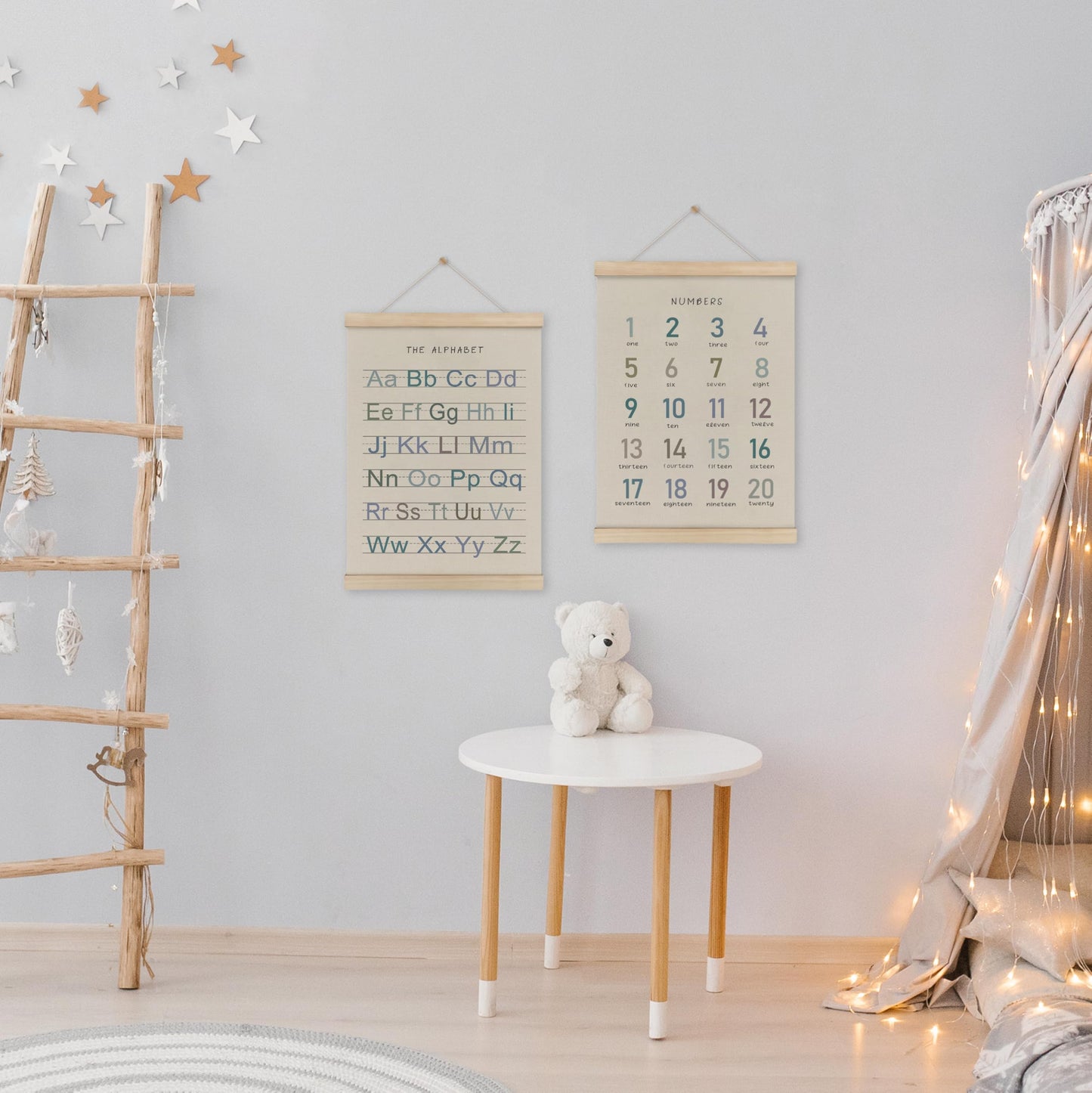 HRQKO Alphabet Numbers Poster Hanger Frame Set of 2, Nursery Wall Decor, Boho ABC Poster Wall Art with Wooden Frames, Alphabet Banner Wall Hanging Decor for Boy Toddler Room Playroom, 12x16 Inch