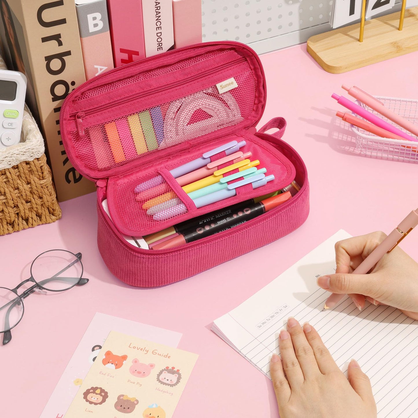 SUNEE Cute Pencil Case, Large Capacity Pencil Pouch, Soft Corduroy Pencil Bag, Big Storage Pen Organizer for Stationery, Aesthetic Pencil Box, Back to School Supplies for Teen Girls Boys, Berry Pink