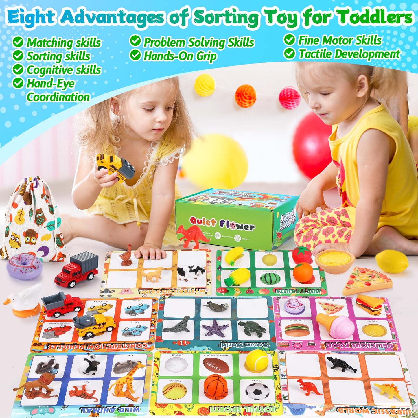 Quiet Flower 59 Pcs Sorting Toys for Toddlers 3-5, Dinosaur & Vehicle Matching Game with Flashcards, Sensory Educational Materials for Autism & Speech Development, Preschool Fine Motor Activities Gift