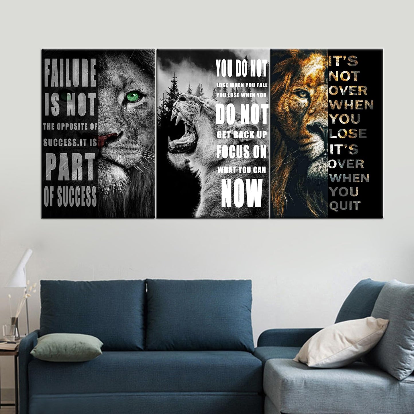 3 Panels Motivational Lion Canvas Print Wall Art Inspirational Quote Picture Animal Poster Painting Modern Inspiring Artwork Decor for Living Room Office Home Decor Wooden Framed [72''Wx 36''H]