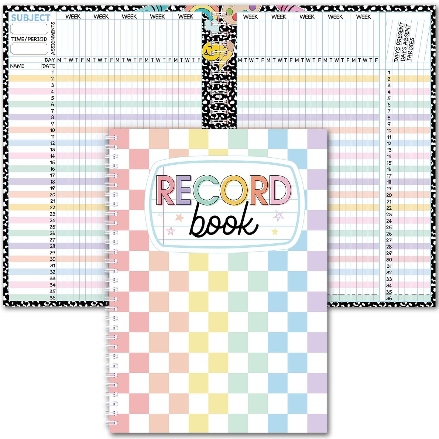 Fuyoooo Teacher Record Book 2026-2027 Teacher Grade Books Spiral Bound Record Planner 2026 Class Grade Book Office Favors for Classroom Attendance Planner Decoration Double Sided(Pastel, Checkered)