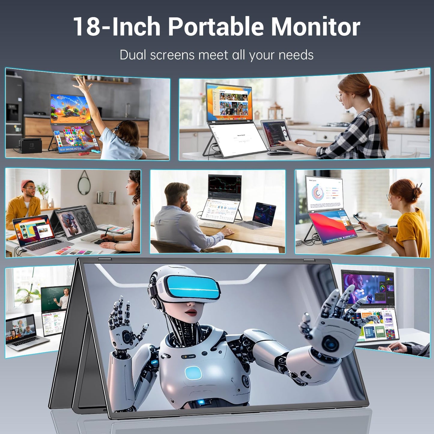 InnoView 18.5" Dual Portable Monitor 100Hz 2K 2560x1600P 100% sRGB Foldable & Stackable Design with 315° Screen Adjustment | DP/USB-C/HDMI, Second Monitor for Laptop, Mac, Windows