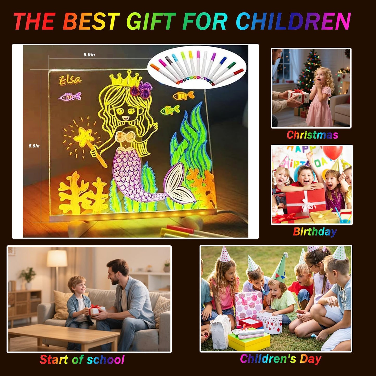 LED Note Board with Colors, Light Up Acrylic Message Board, Glowing Acrylic Dry Erase Board with Light, Led Drawing Board with Stand, 7 Markers (Small 5.9 * 5.9 inches)