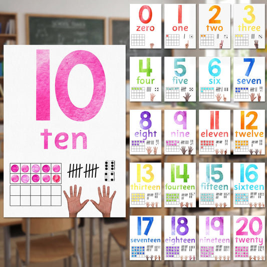 Colarr 21 Pcs Number Posters for Classroom Wall Decor 11 x 8.5 Inch Educational Number Poster Learning Chart for Kindergarten Preschool Teacher Classroom Must Have Essentials(Watercolor)